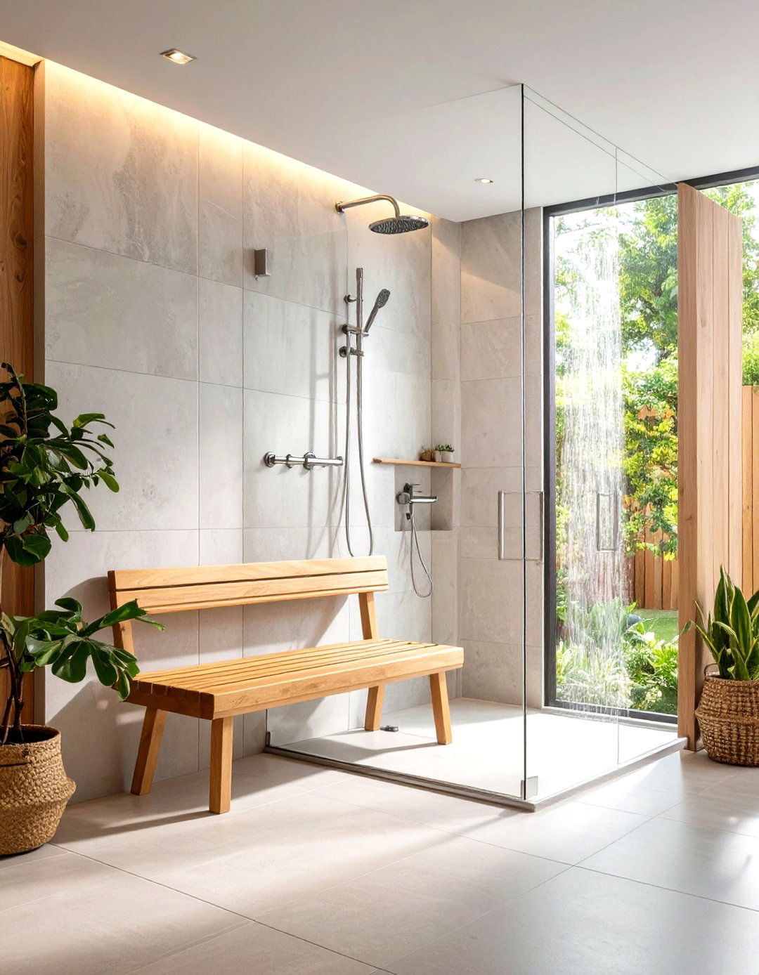 Bench with Grab Bars - 20 Walk in Shower Ideas With Bench