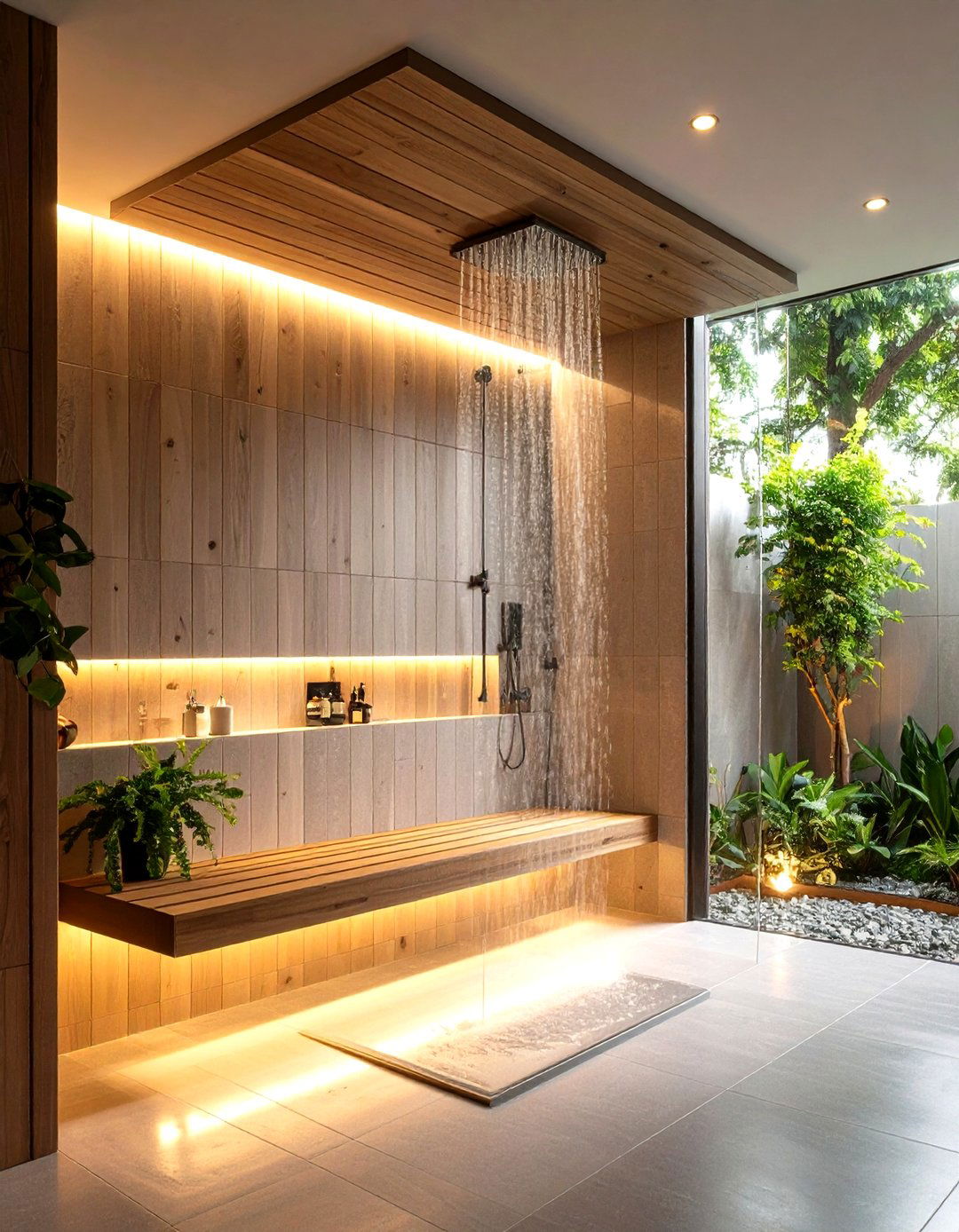 Bench with LED Lighting - 20 Walk in Shower Ideas With Bench