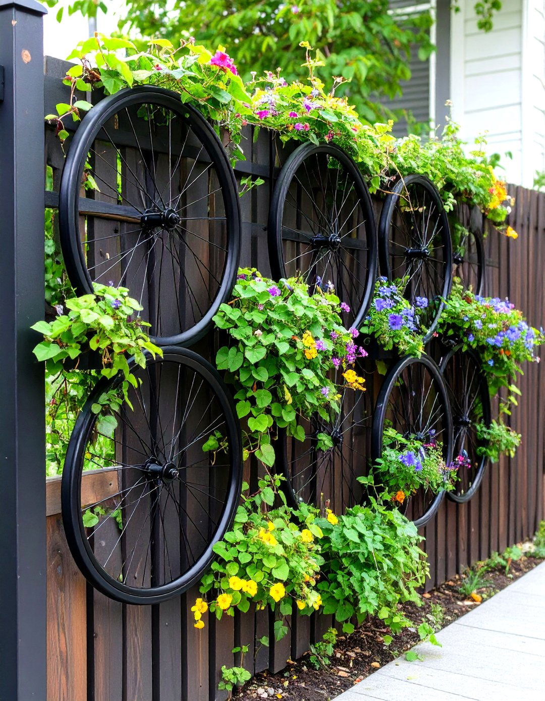 Bicycle Wheel Flower Trellis Fence Art - 20 Fence Art Ideas