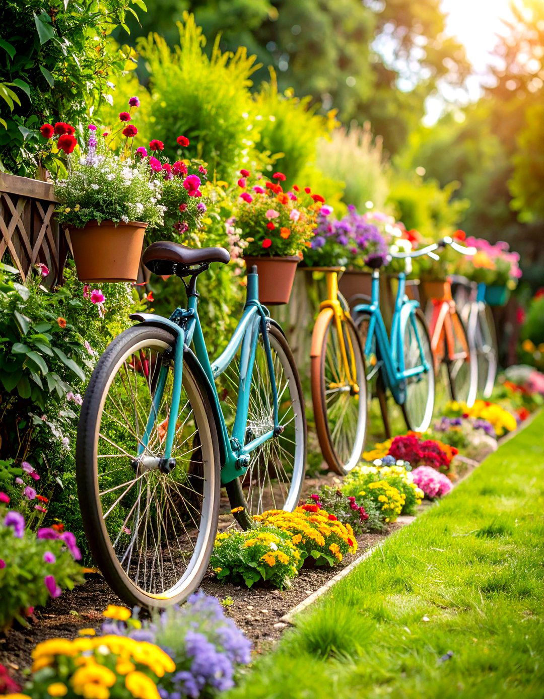 Bicycle Wheel Recycled Garden Edging Framework - 20 Recycled Garden Edging Ideas