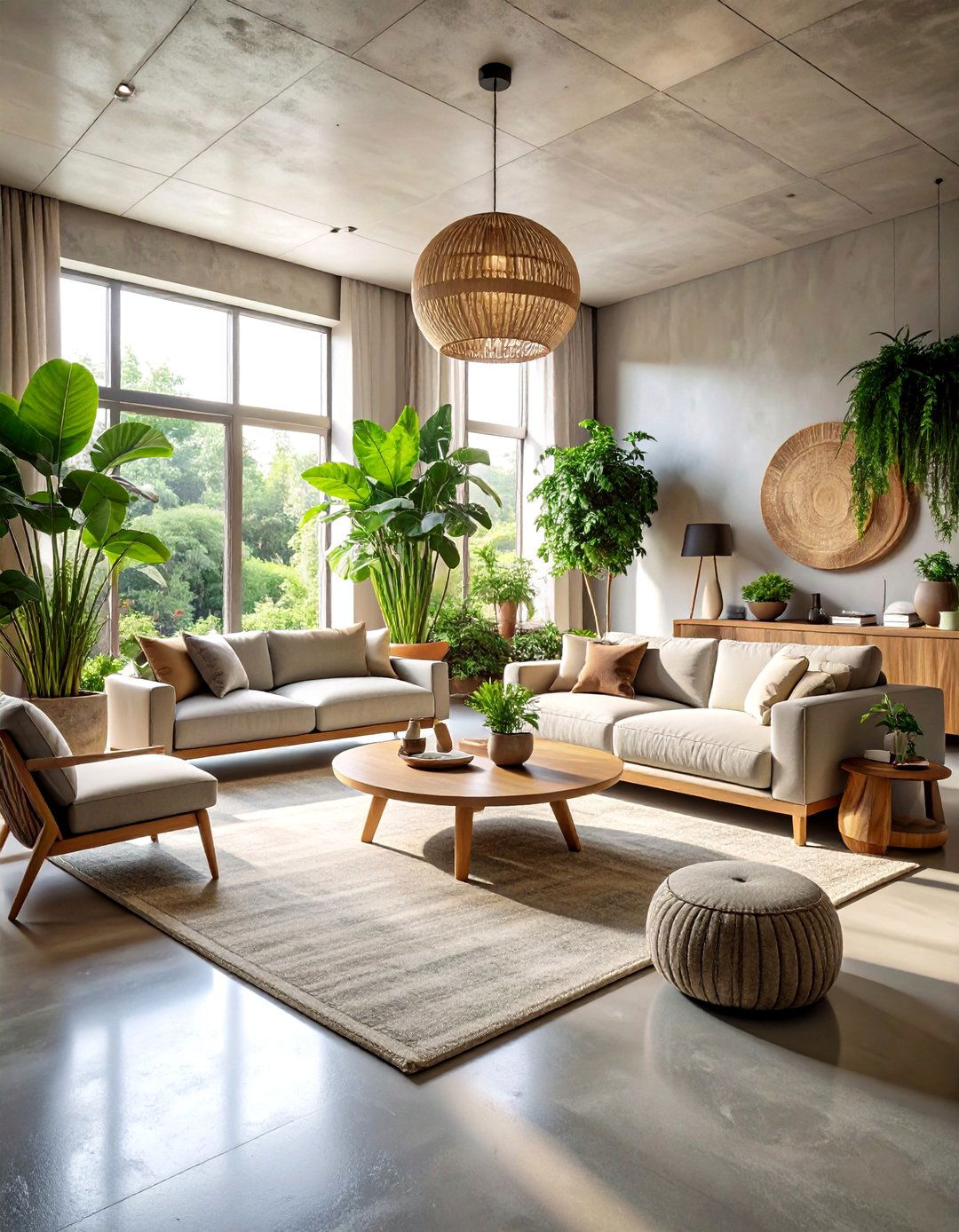Biophilic Concrete Floor Living Room with Natural Elements - 20 Concrete Floor Living Room Ideas