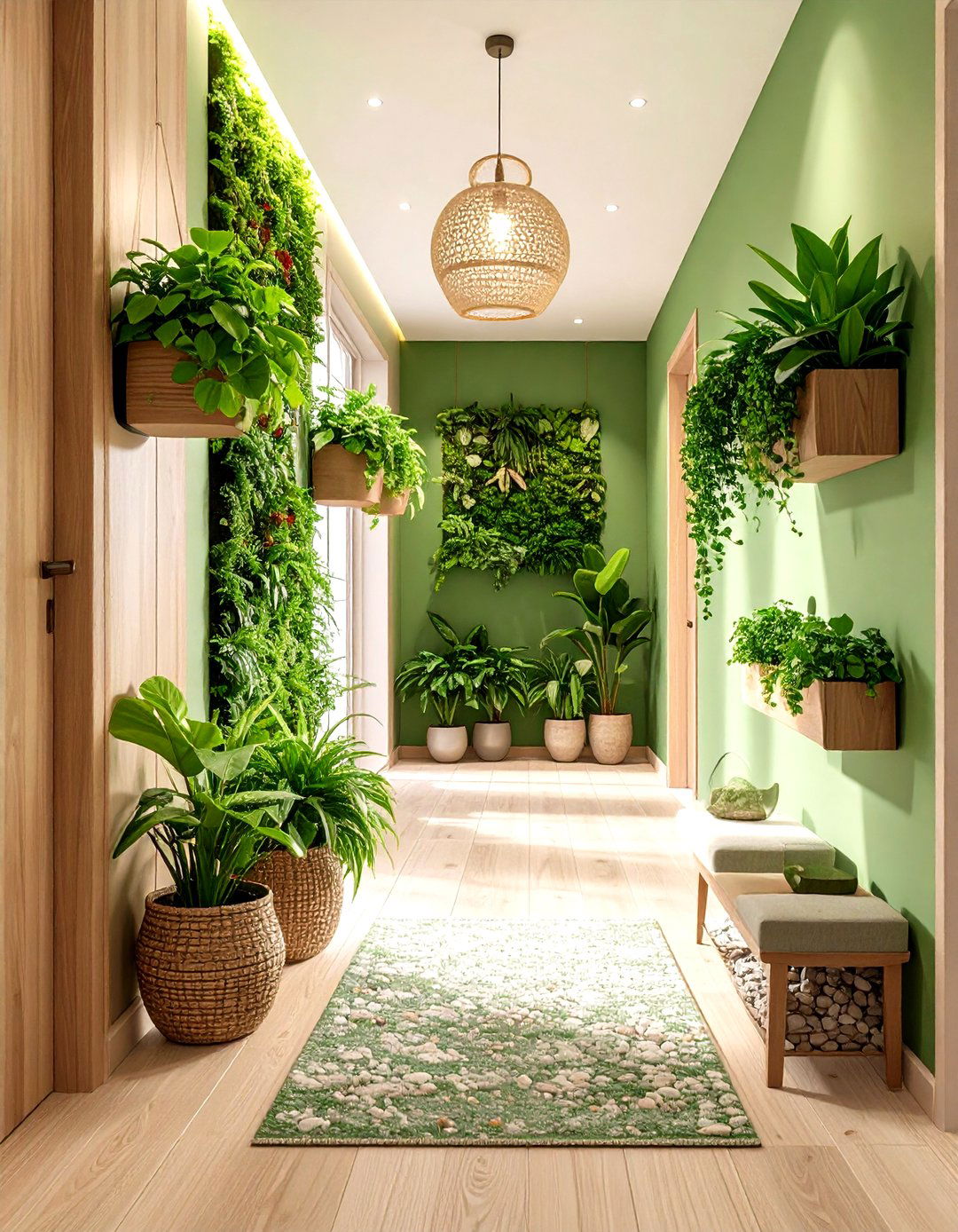Biophilic Green Hallway with Living Plants - 20 Green Hallway Ideas