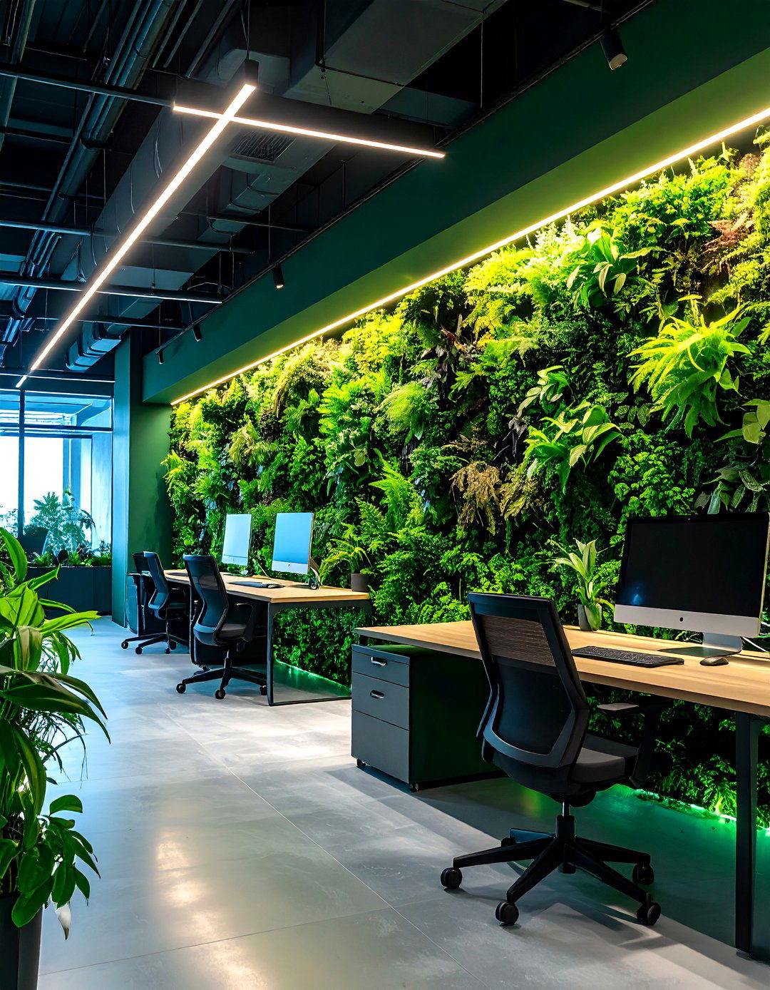 Biophilic Layering Dark Green Meets Living Wall - 20 Dark Green Office Ideas and Inspiration