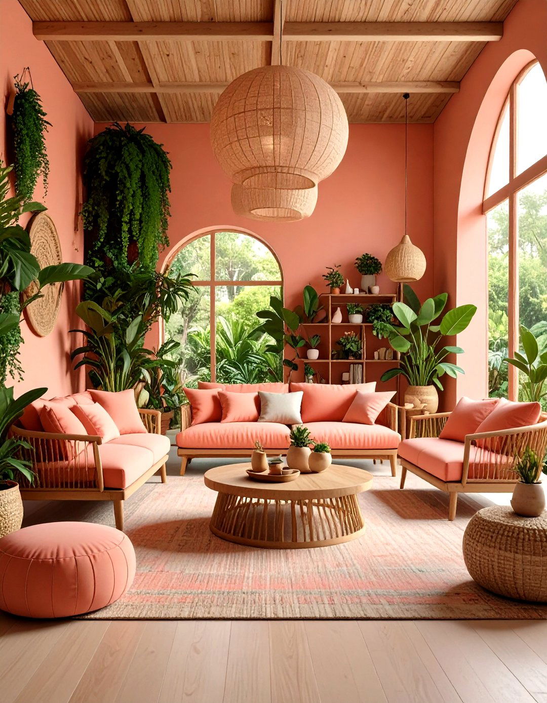 Biophilic Pink Living Room with Natural Elements - 20 Pink Living Room Ideas