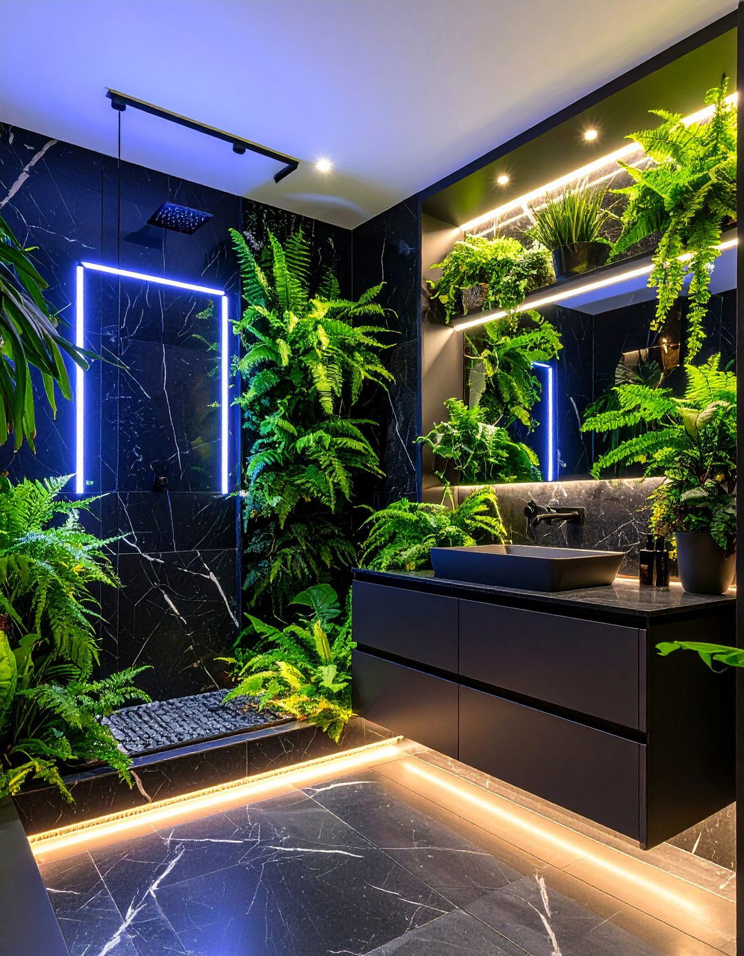 Biophilic Touch Green Against Black - 20 Black Marble Bathrooms