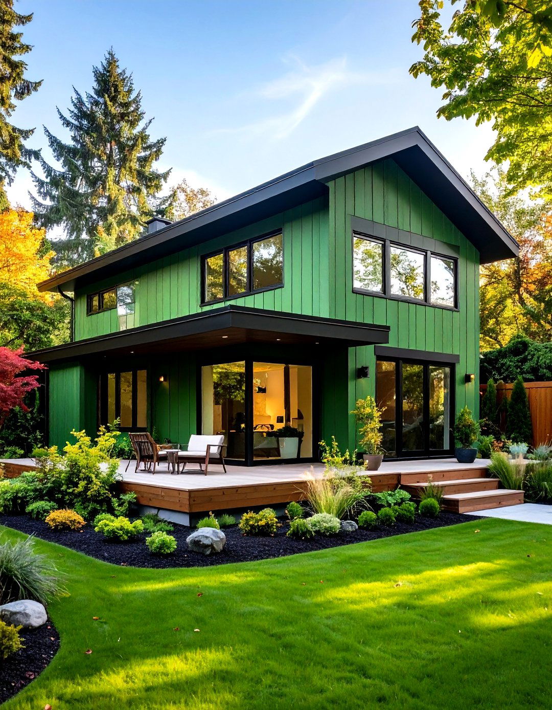 Biophilic Trend Lush Green Facade Shadow Line Trim - 20 Green House Exterior With Black Trim