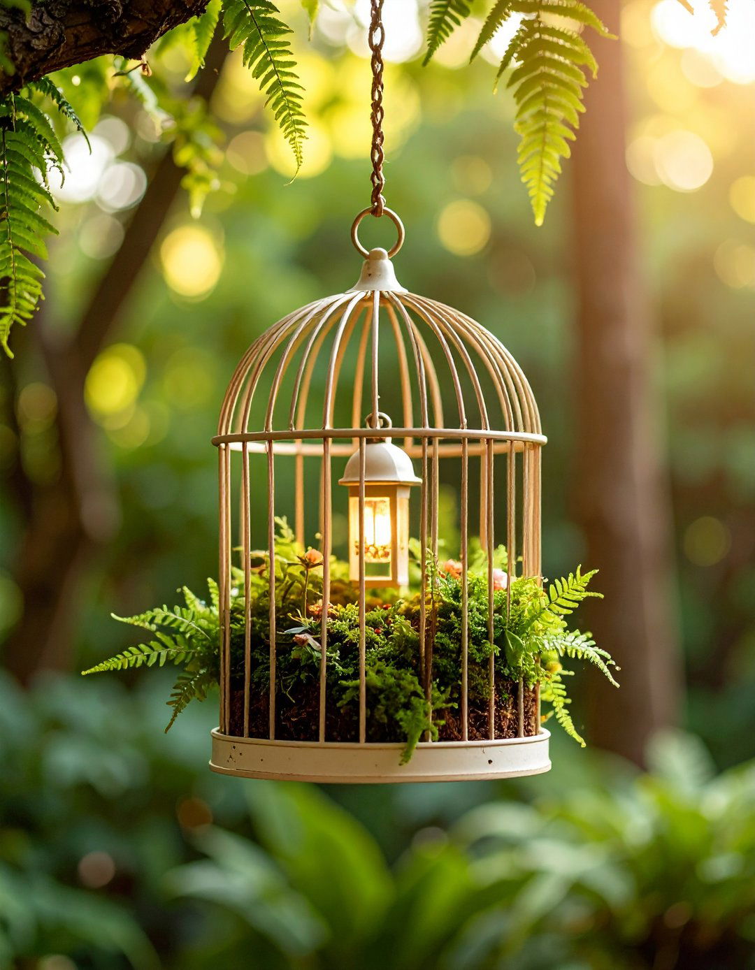 Birdcage Fairy Garden Container Hanging Cottage in the Clouds - 20 Fairy Garden Container Ideas