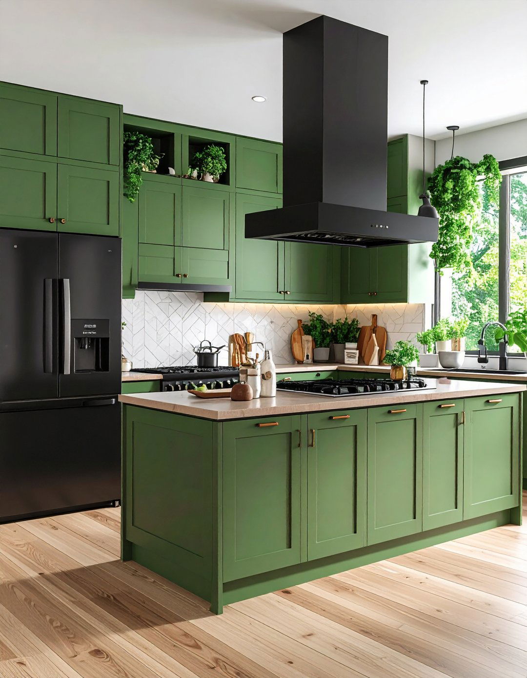 Black Appliances Integrated into Sage Cabinets - 20 Sage Green and Black Kitchen Ideas