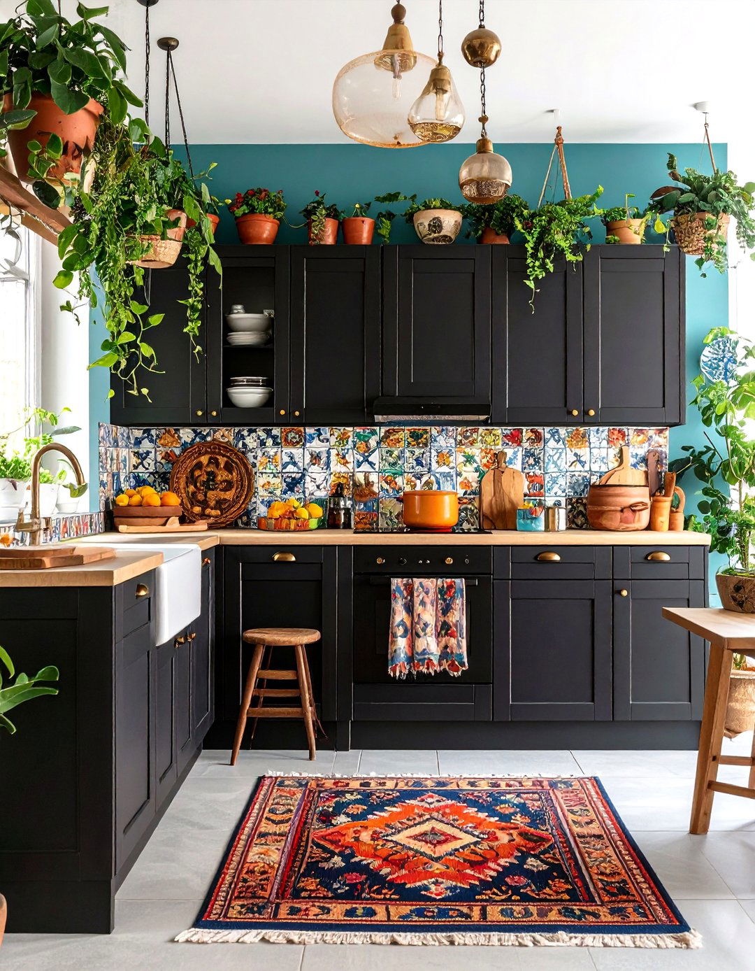 Black Cabinets with Colorful Accents Bohemian Kitchen - 20 Kitchens With Black Cabinets