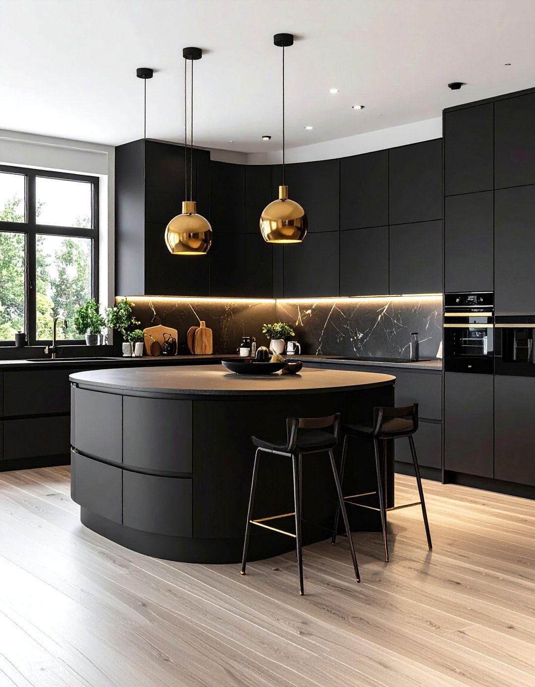Black Cabinets with Curved Design Elements Soft Modern Kitchen - 20 Kitchens With Black Cabinets