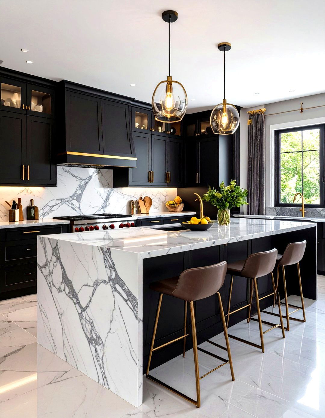 Black Cabinets with Dramatic Marble Countertops - 20 kitchens with beautiful black cabinets