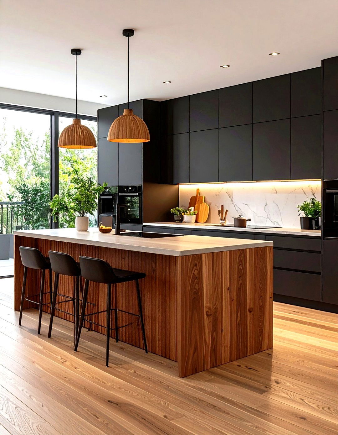 Black Cabinets with Fluted Wood Detailing - 20 kitchens with beautiful black cabinets