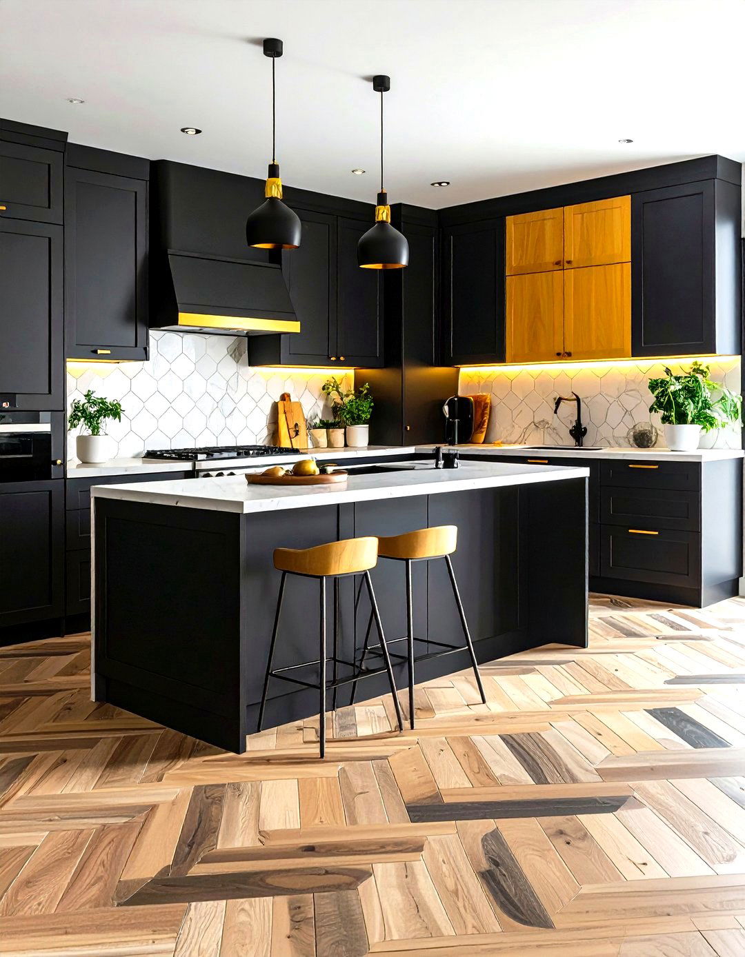 Black Cabinets with Geometric Floor Patterns - 20 kitchens with beautiful black cabinets