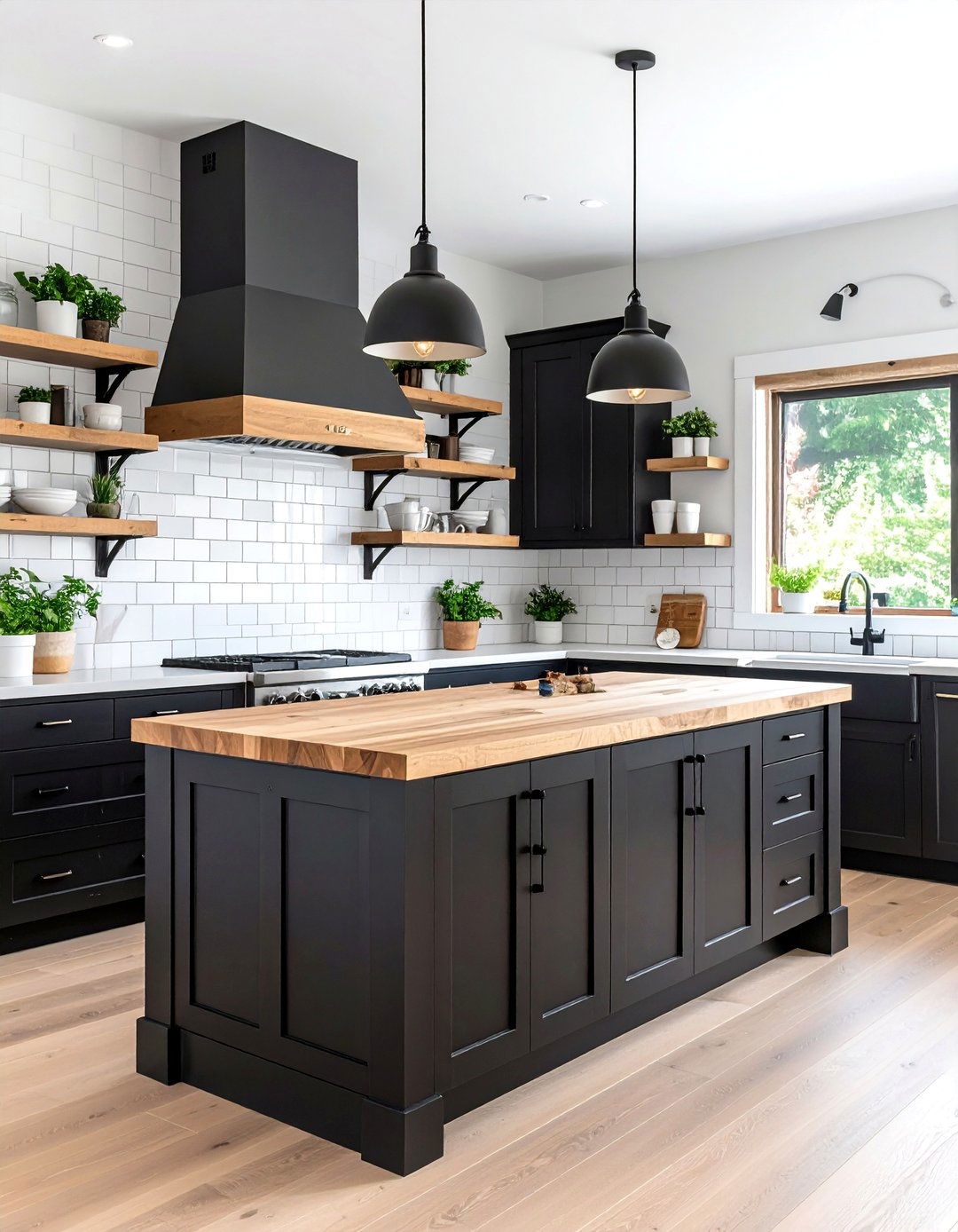 Black Cabinets with Open Shelving Contemporary Farmhouse Kitchen - 20 Kitchens With Black Cabinets