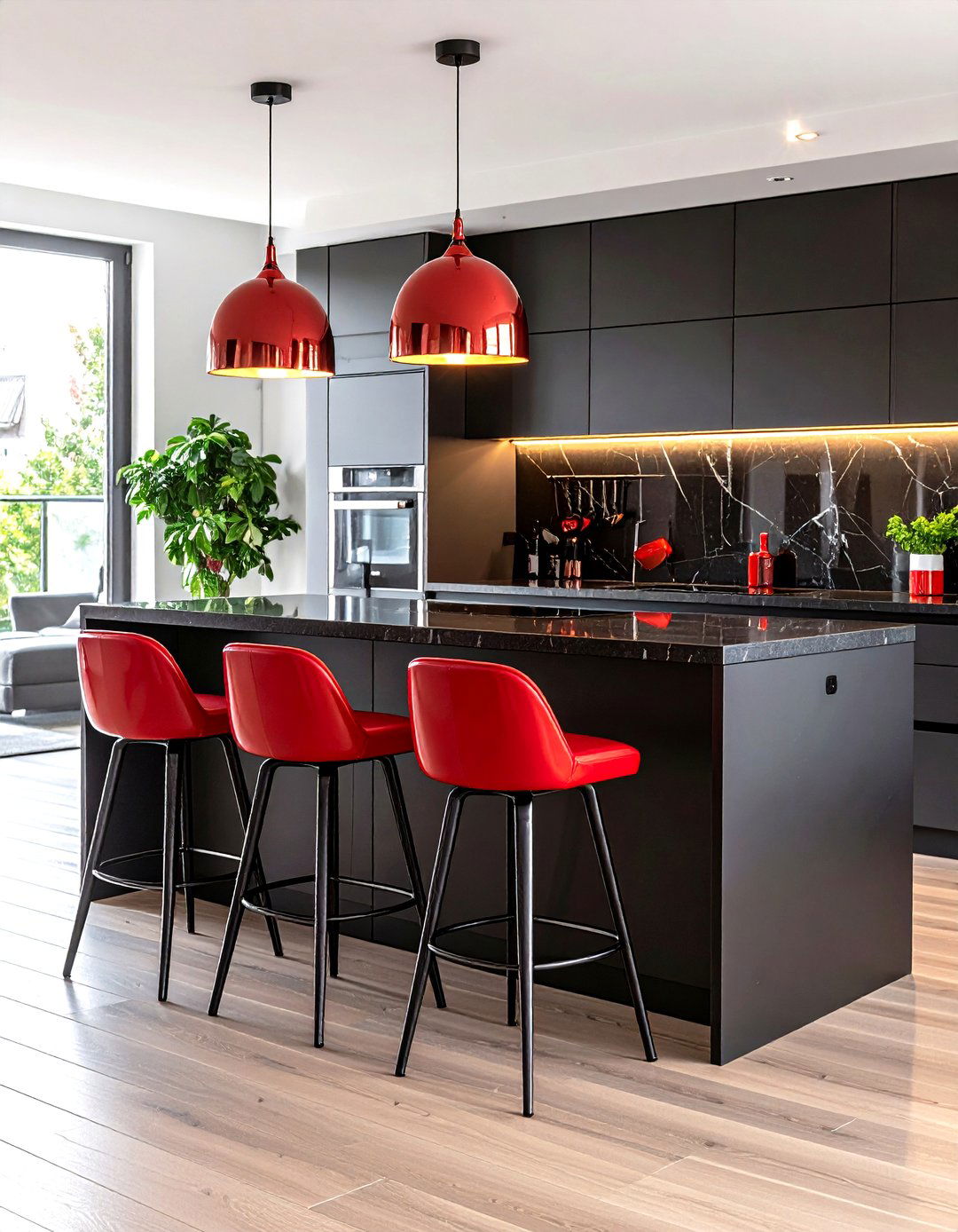 Black Cabinets with Red Bar Stools Kitchen - 20 red and black kitchen ideas