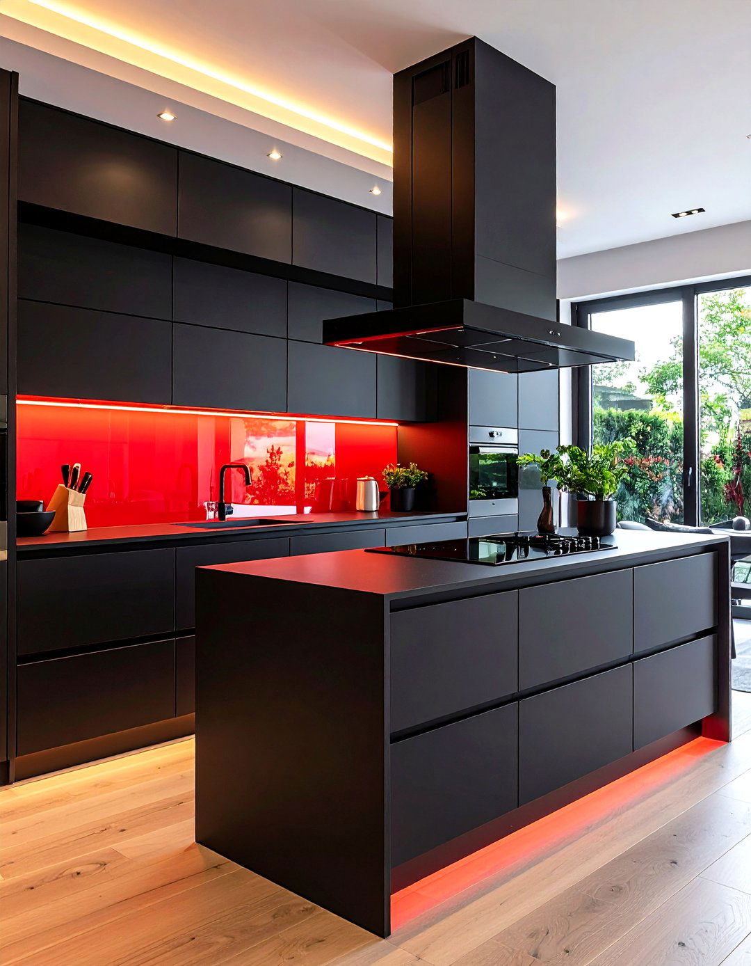 Black Cabinets with Red Glass Splashback Kitchen - 20 red and black kitchen ideas