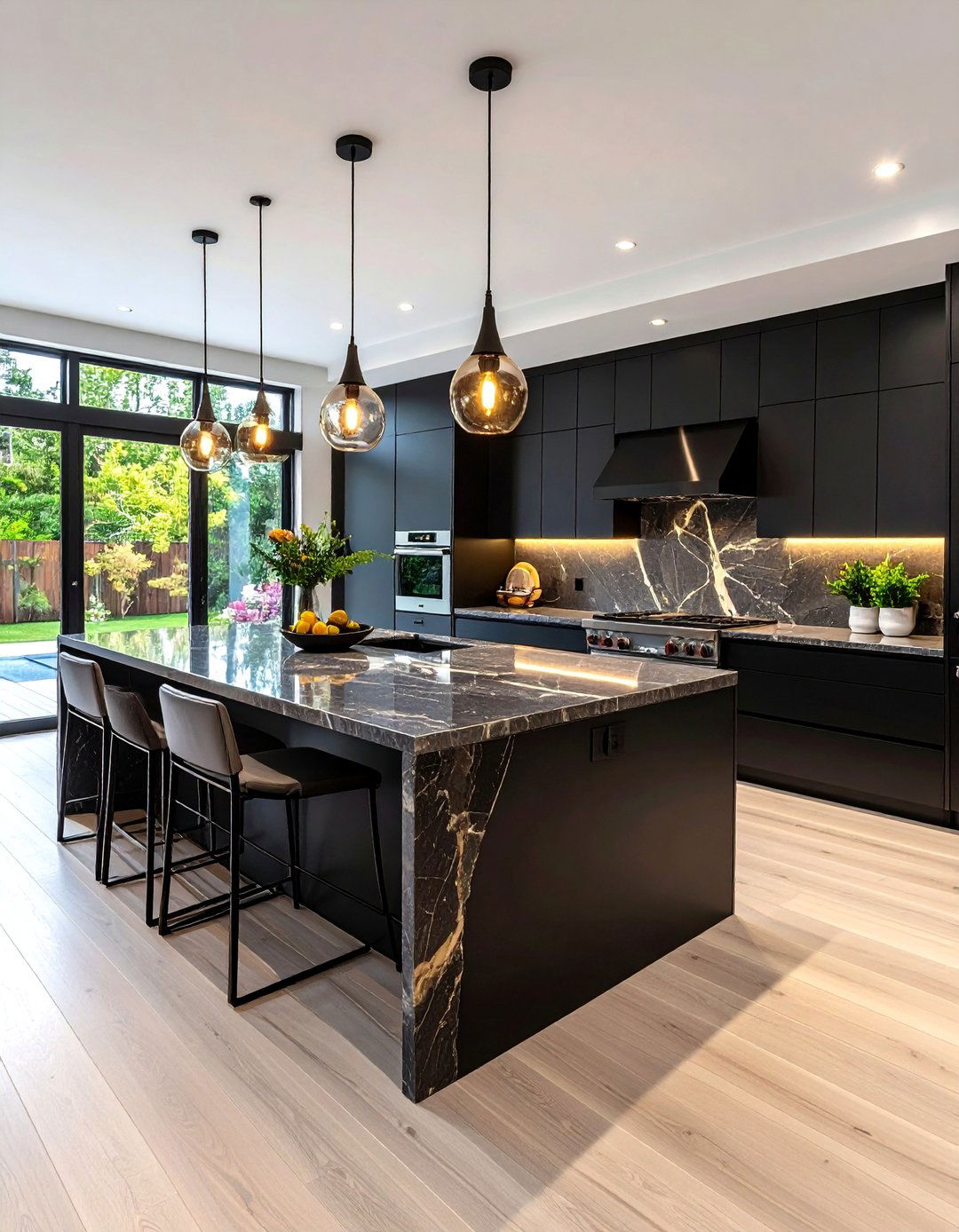 Black Cabinets with Waterfall Island Contemporary Kitchen - 20 Kitchens With Black Cabinets