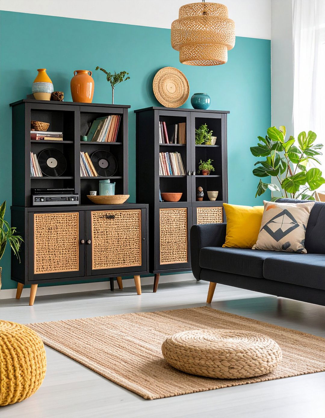 Black Cane Cabinets for Storage and Texture - 20 Black Boho Living Room Ideas