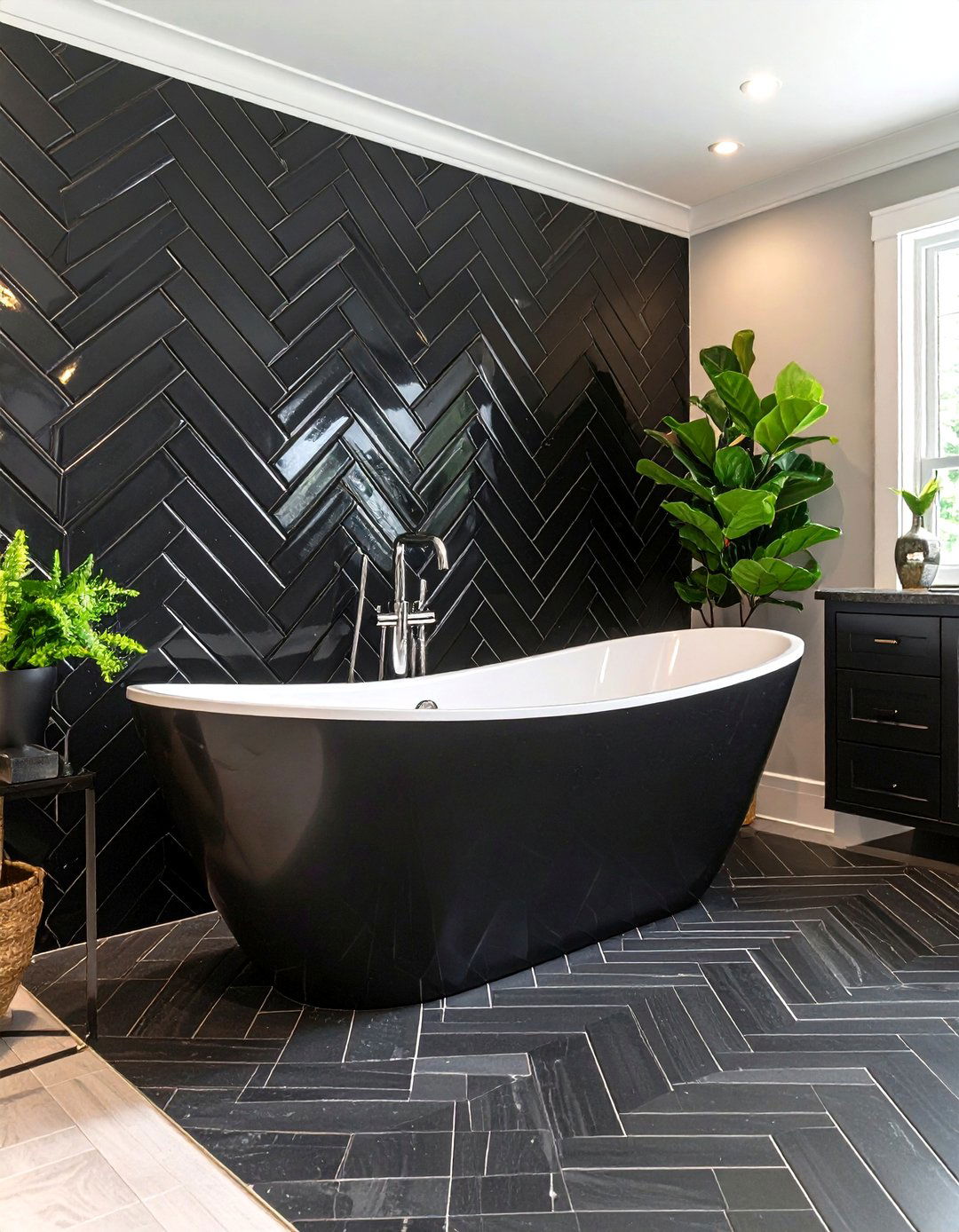 Black Chevron Tile Bathroom Accent - 20 Black Tile Bathroom Ideas