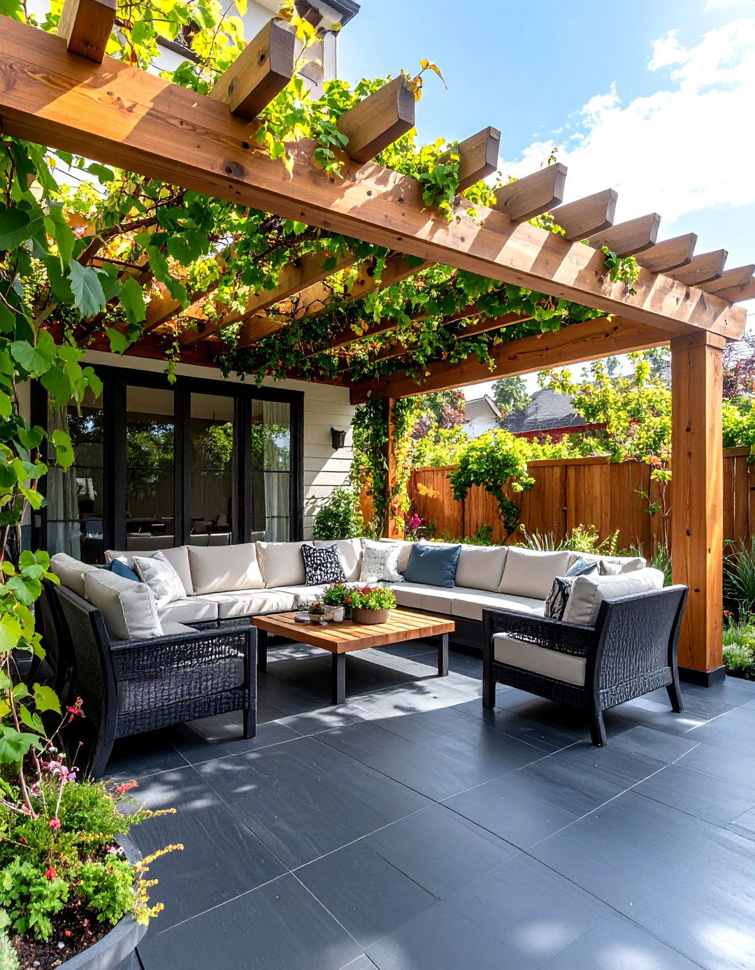 Black Concrete Patio with Pergola Integration - 20 black concrete patio ideas