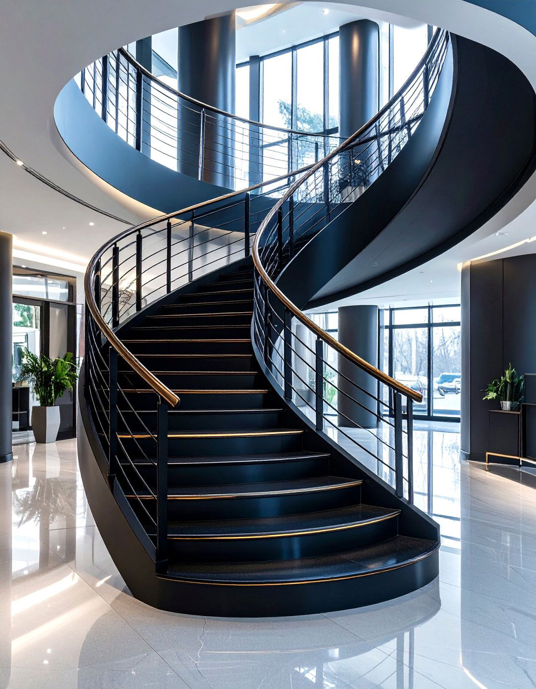 Black Curved Staircase with Metal Railings - 20 black staircase ideas