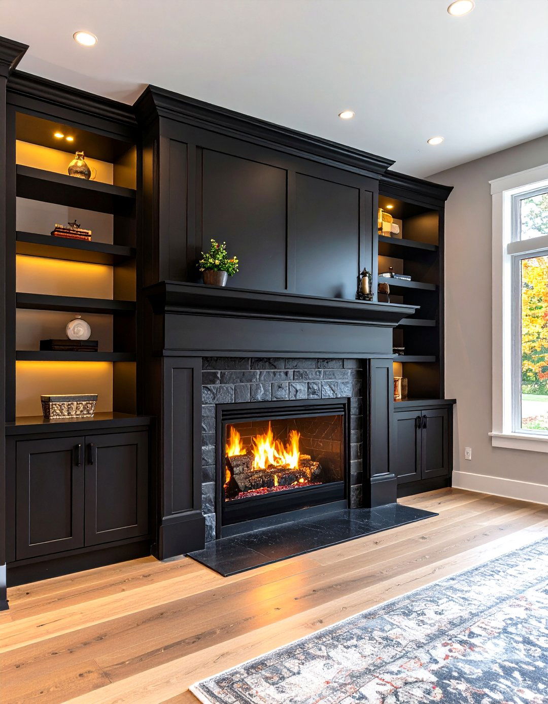 Black Fireplace Flanked by Built Ins - 20 Black Fireplace Ideas