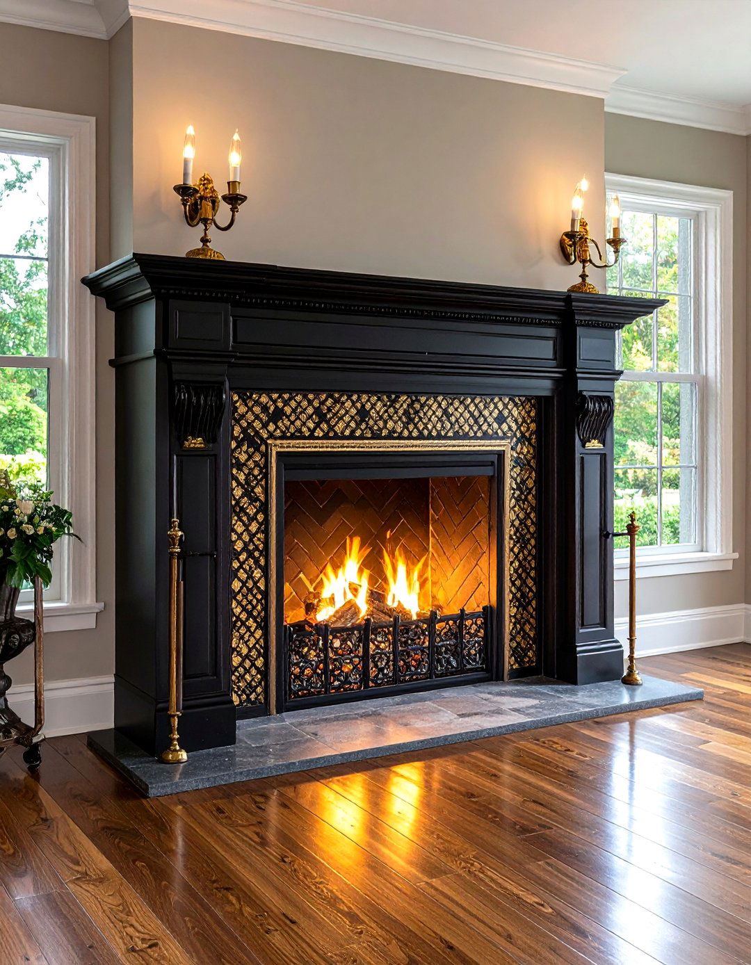 Black Fireplace with Brass Accents - 20 Black Fireplace Ideas