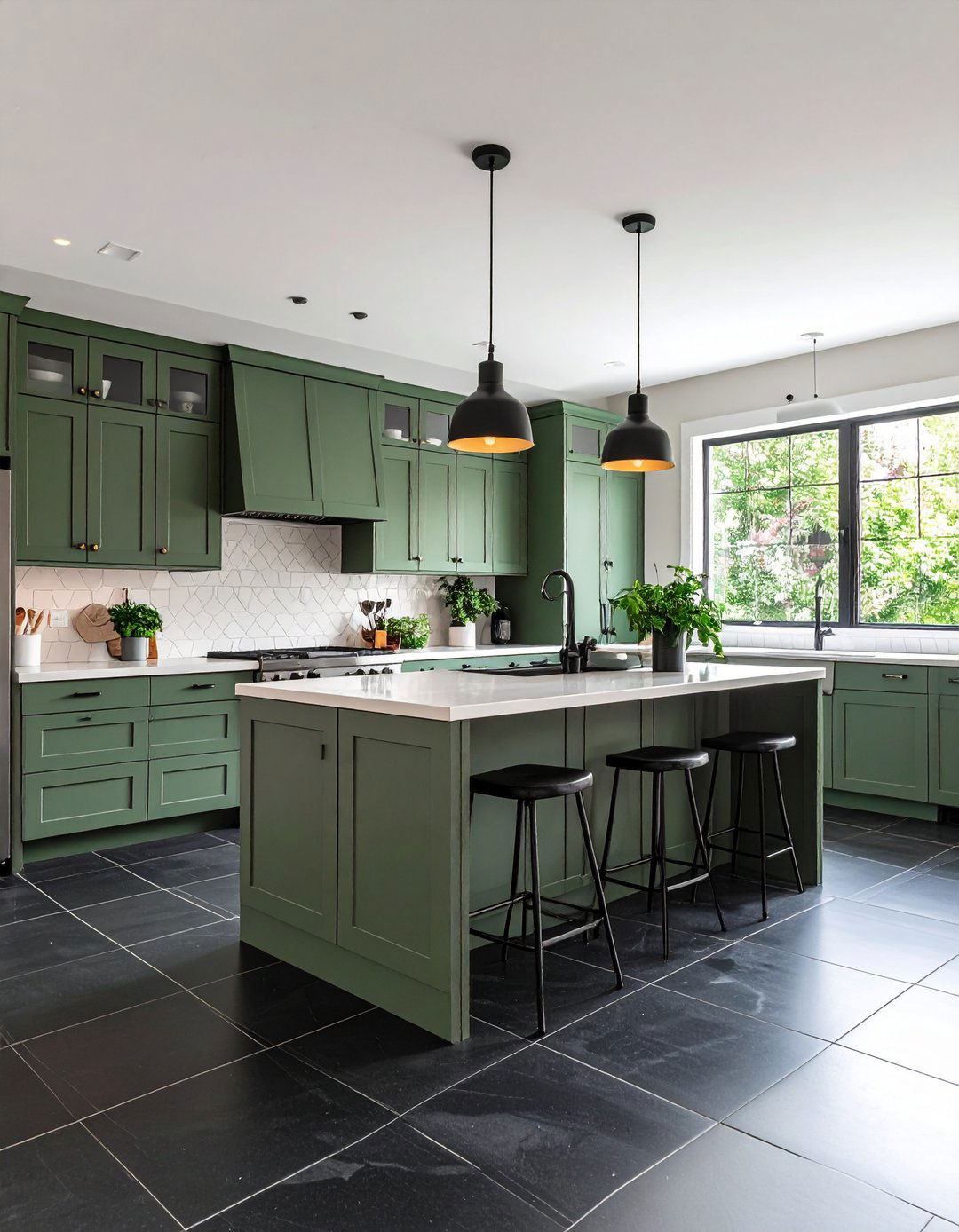 Black Flooring Paired with Sage Lower Cabinets - 20 Sage Green and Black Kitchen Ideas