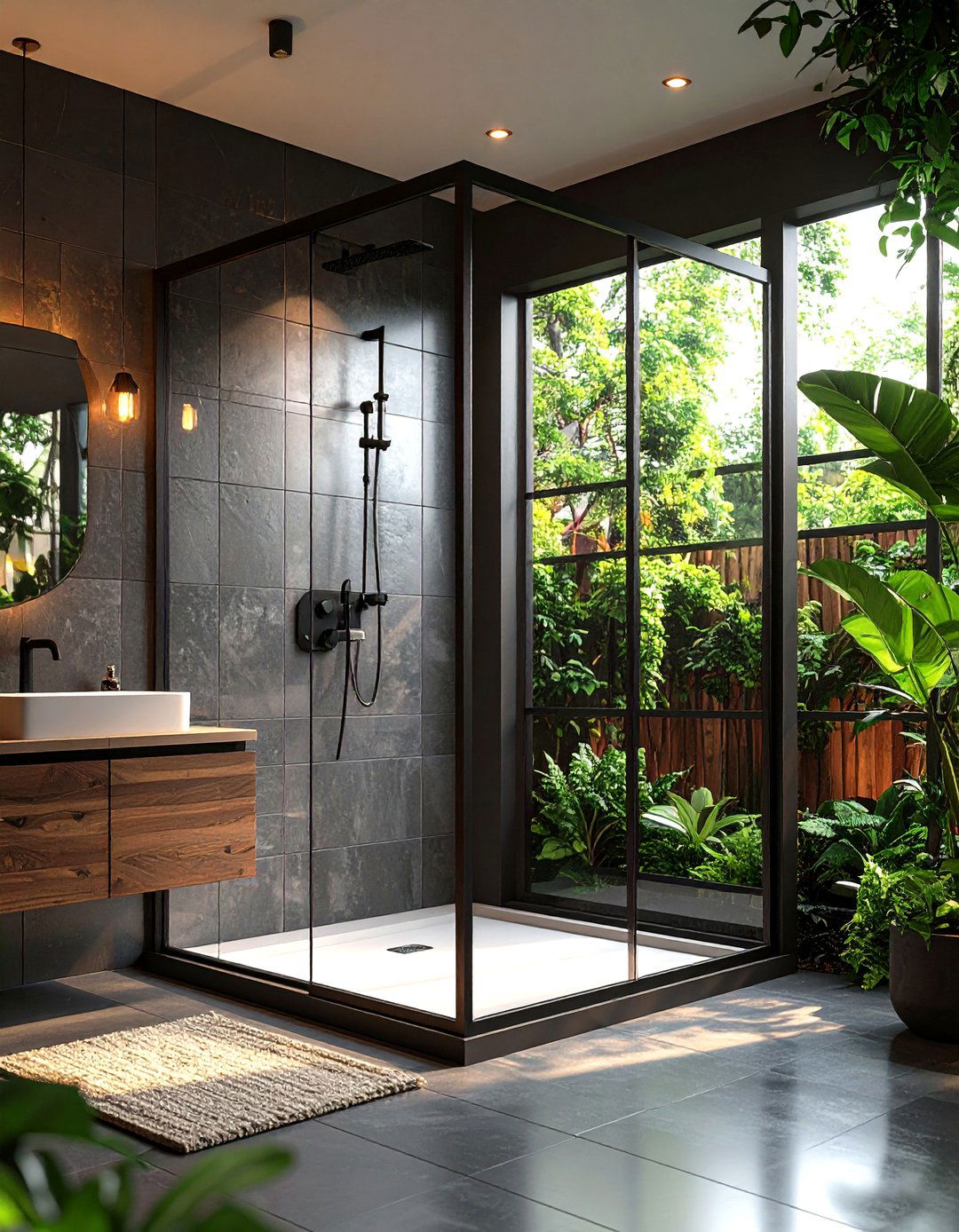 Black Framed Glass Shower Enclosures Add Graphic Edge - 20 Dark Bathroom Ideas