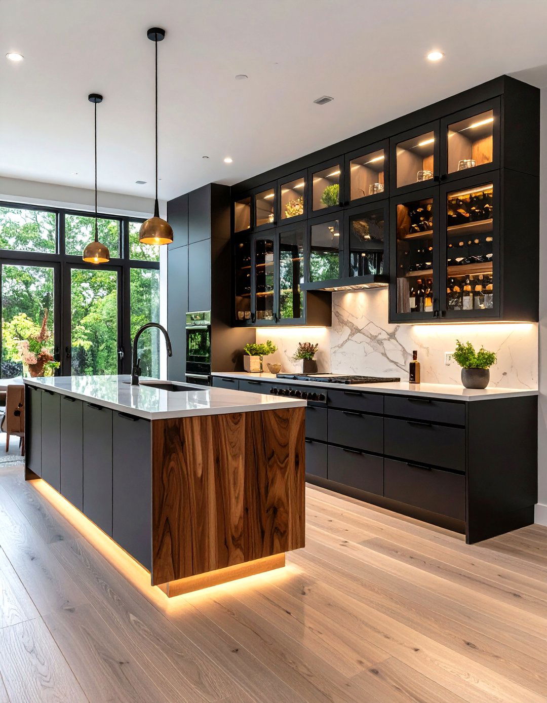 Black Glass Front Cabinets and Walnut Interior Kitchen - 20 Black and Brown Kitchen Ideas