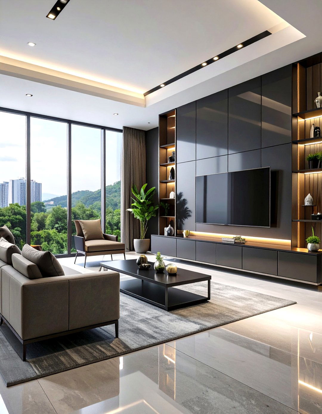 Black Glass Media Wall - 20 Media Wall Ideas