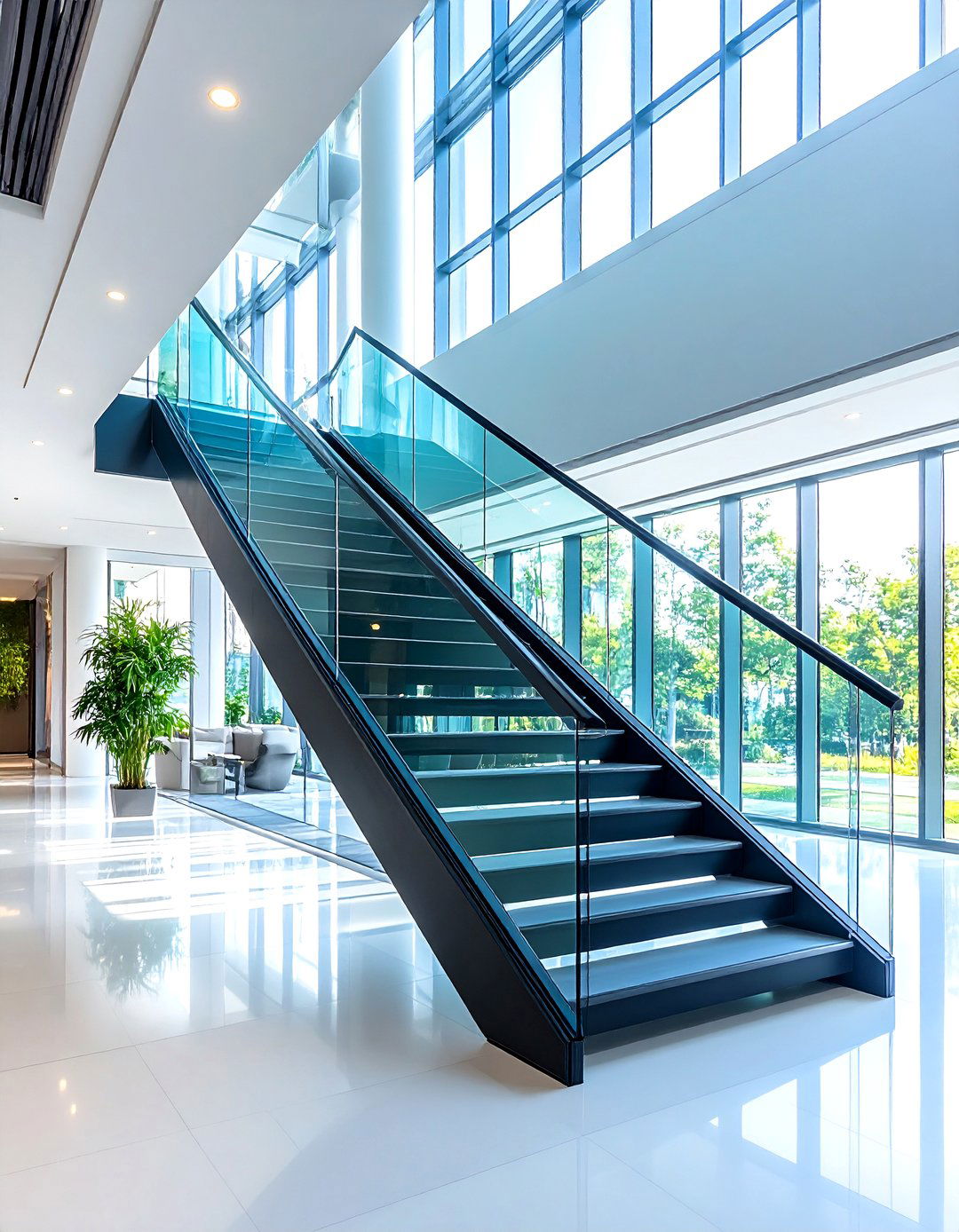 Black Glass Panel Staircase with Metal Frame - 20 black staircase ideas