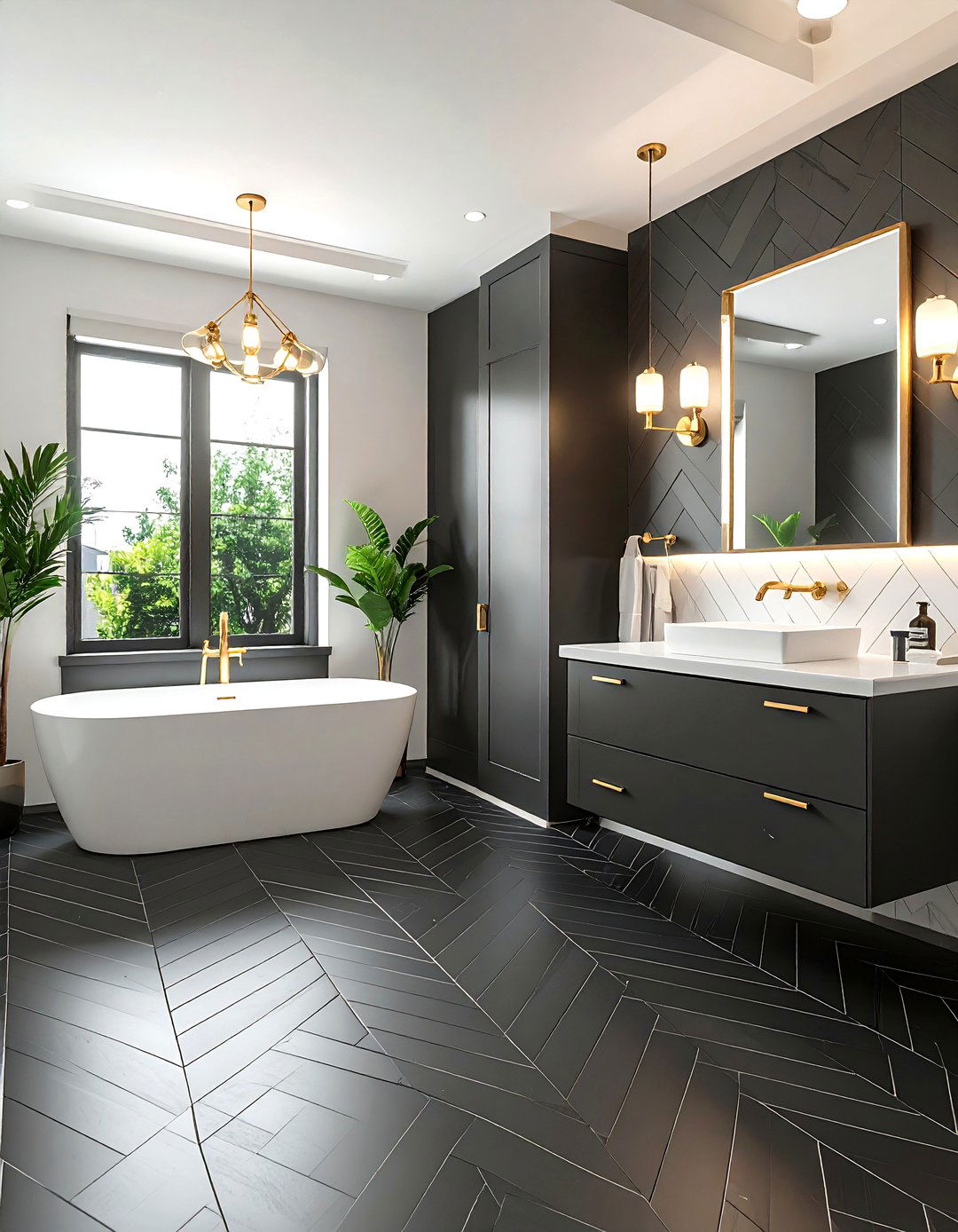 Black Herringbone Pattern for Dynamic Movement - 20 Black Floor Bathroom Ideas