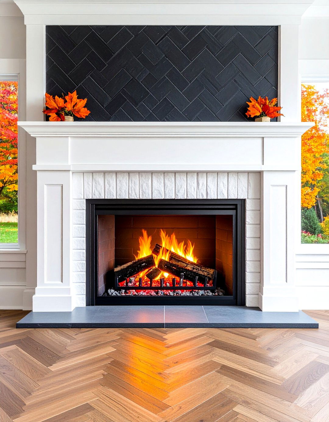 Black Herringbone Tile Firebox Lining - 20 Black and White Fireplace Ideas