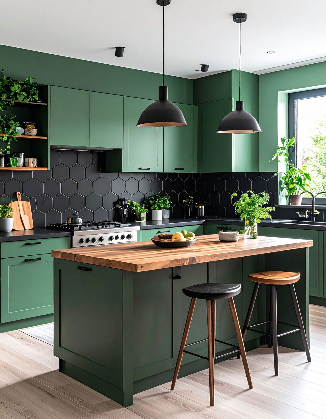 Black Hex Tile Backsplash with Sage Walls - 20 Sage Green and Black Kitchen Ideas