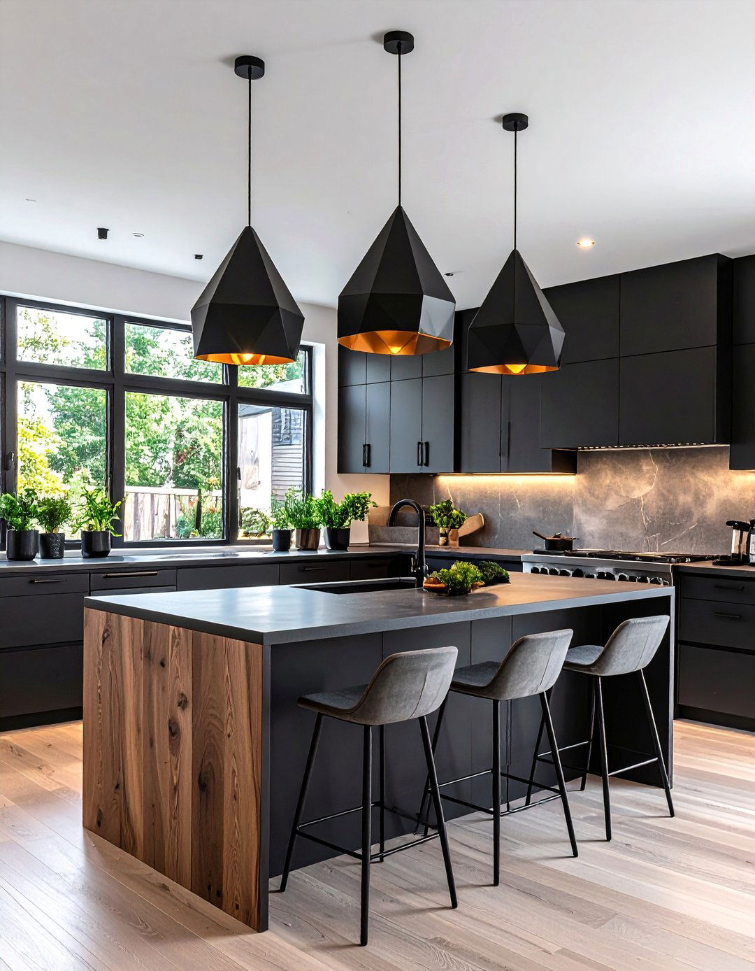 Black Iron Kitchen Island Lighting for Dramatic Contrast - 20 Kitchen Island Lighting Ideas