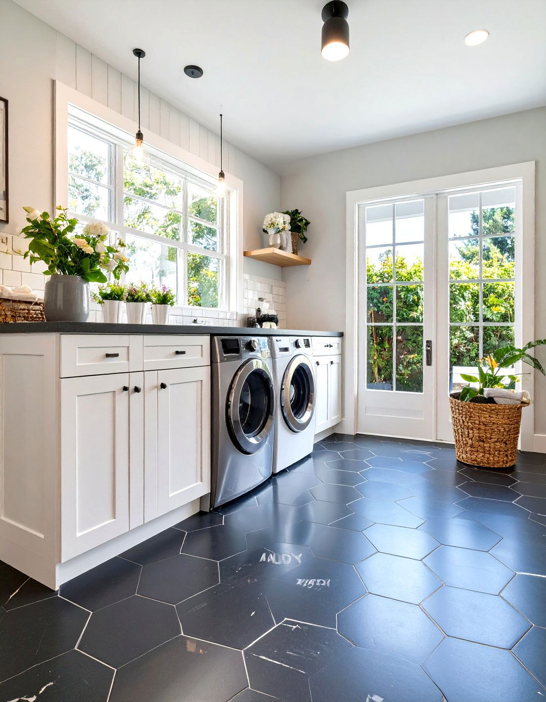 Black Laundry Room Floor with Geometric Patterns - 20 black laundry room ideas
