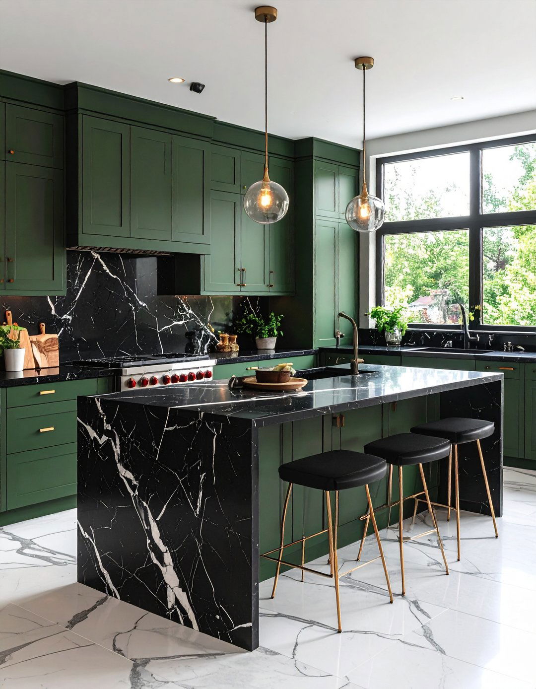 Black Marble Countertops and Sage Cabinets - 20 Sage Green and Black Kitchen Ideas