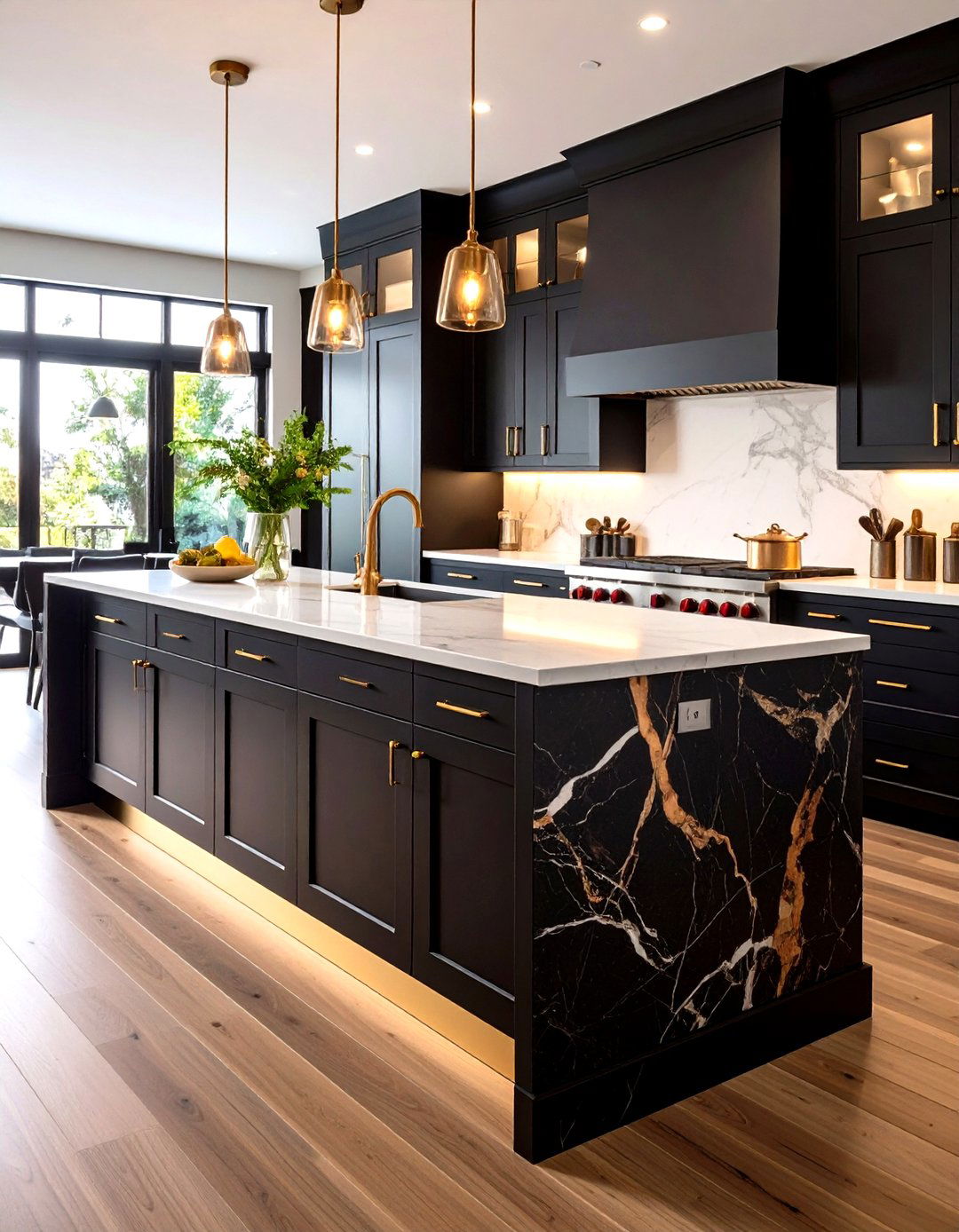 Black Marble Island and Cocoa Stained Surrounds Kitchen - 20 Black and Brown Kitchen Ideas