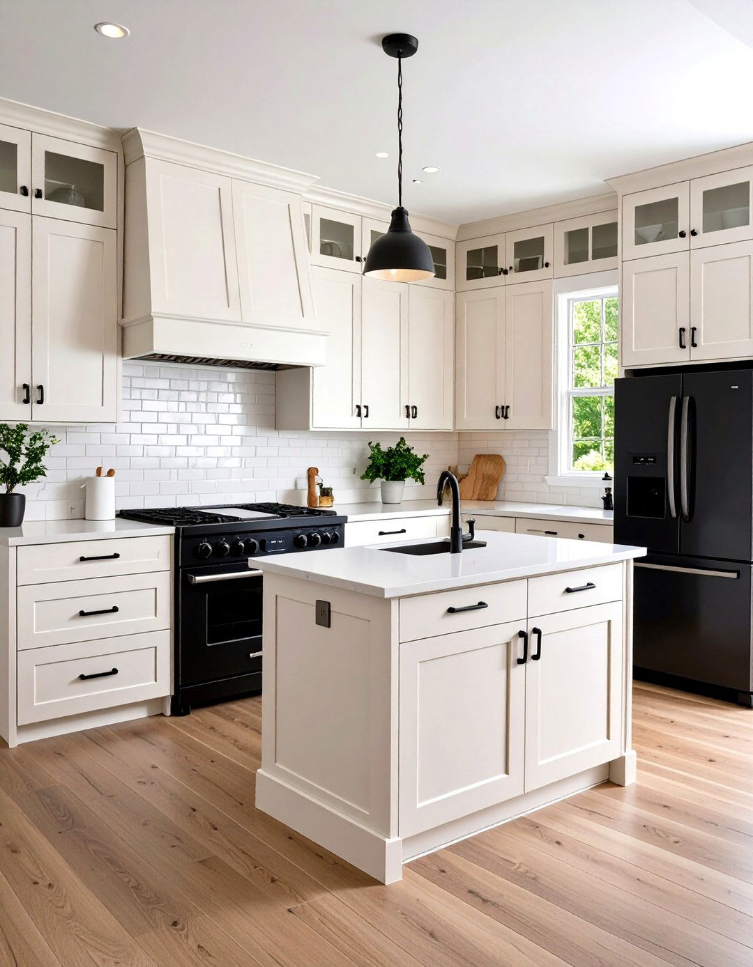 Black Matte Hardware against Creamy Fronts - 25 Off-white Kitchen Cabinets