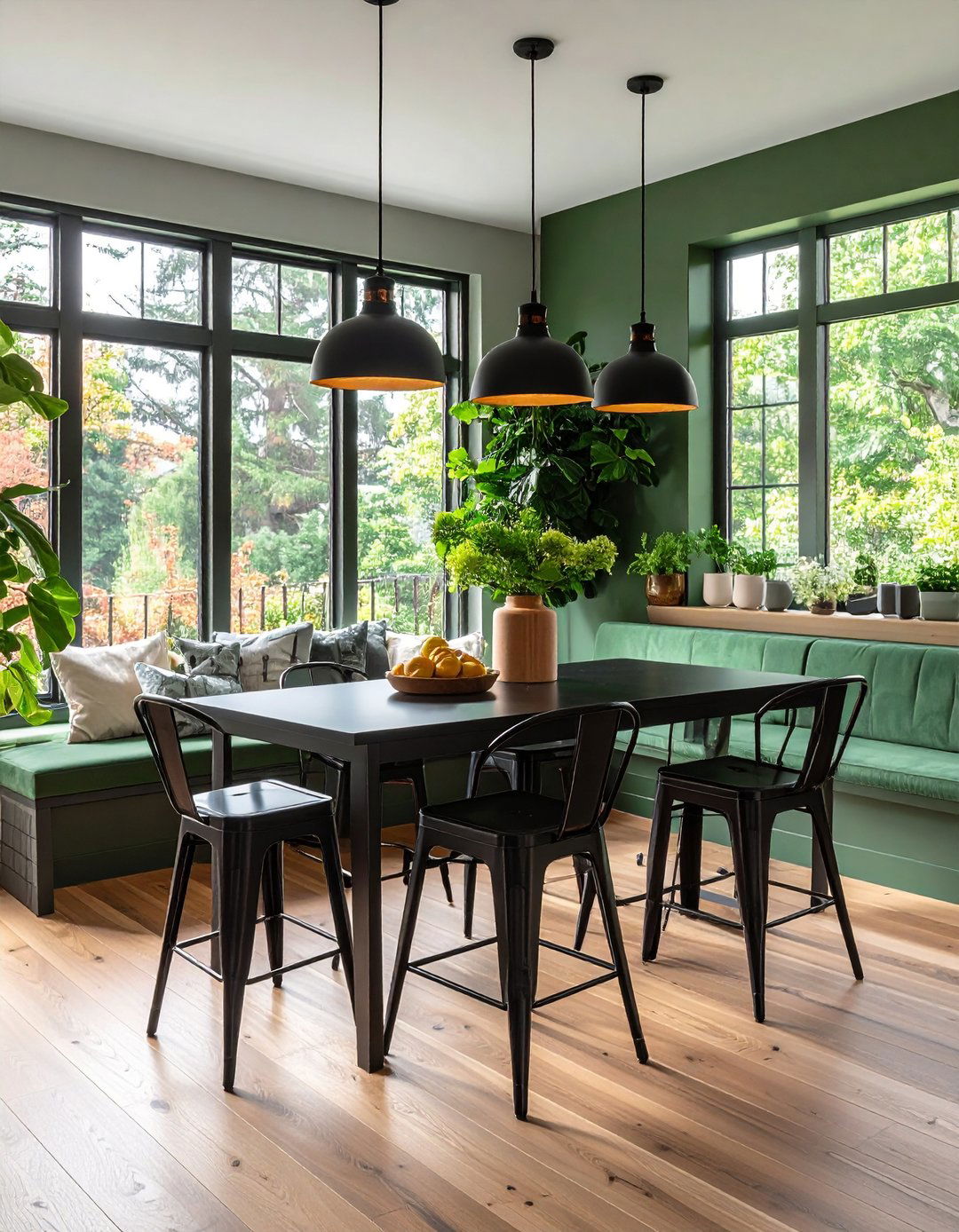 Black Metal Bar Stools with Sage Breakfast Nook - 20 Sage Green and Black Kitchen Ideas
