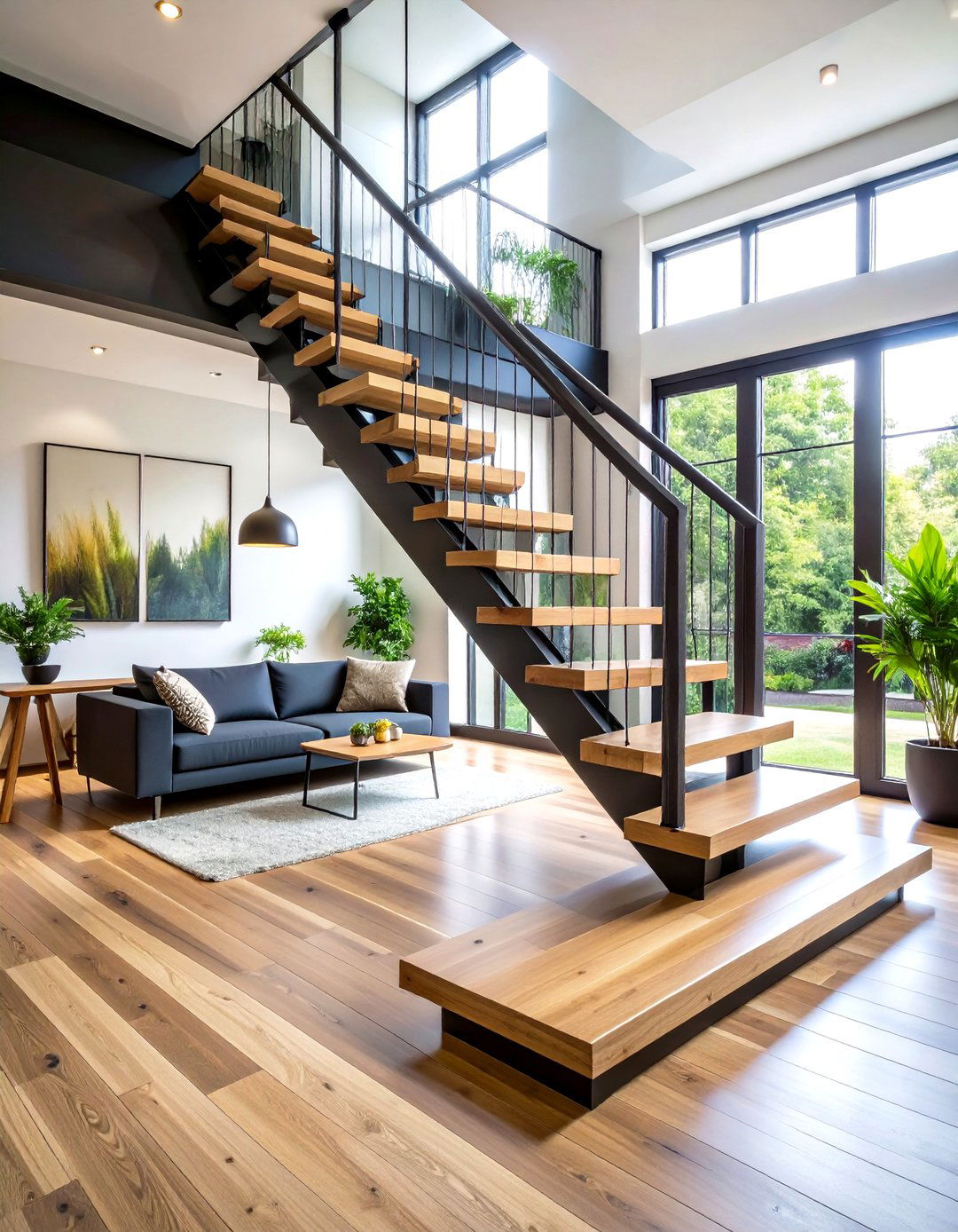 Black Metal Floating Staircase with Wood Treads - 20 black staircase ideas