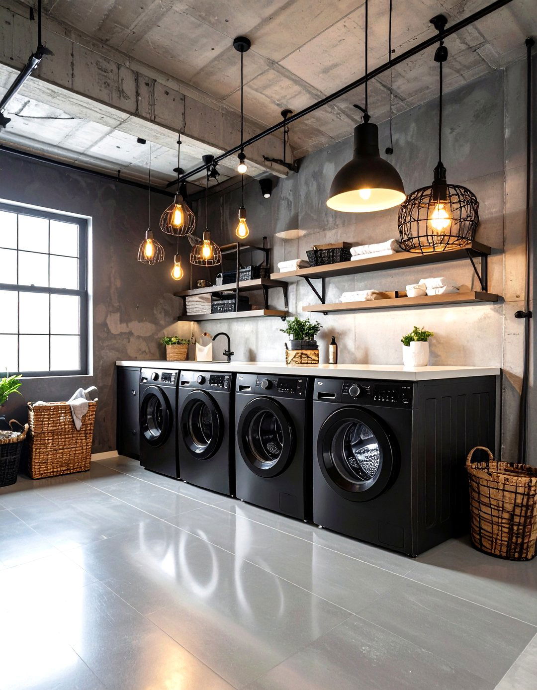 Black Metal Industrial Laundry Room Lighting Scheme - 20 Laundry Room Lighting Ideas