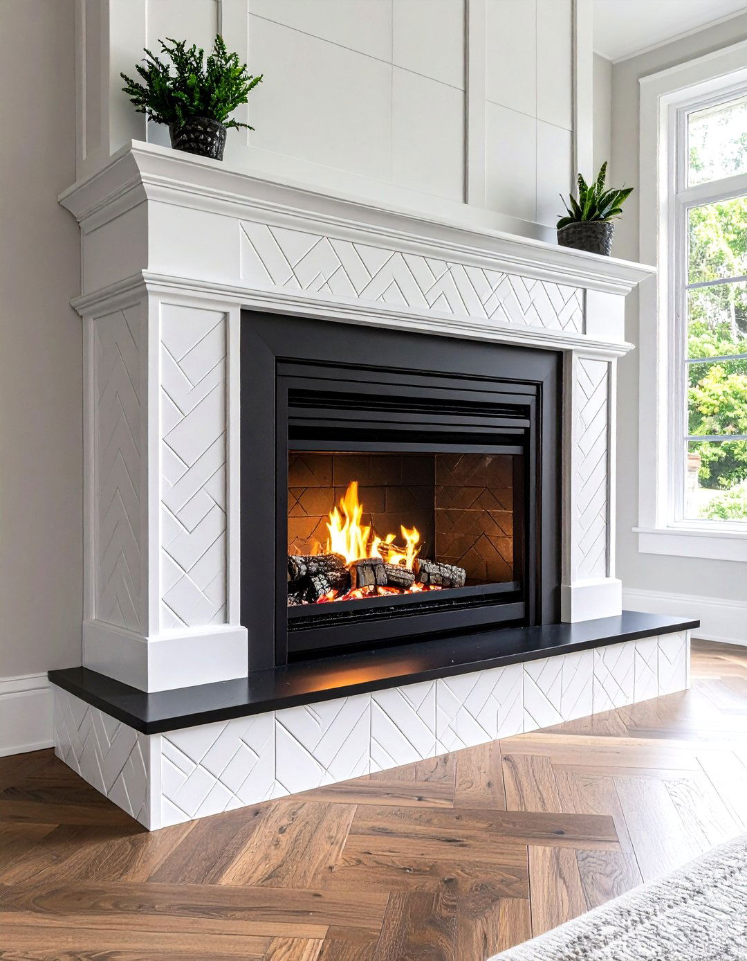 Black Metal Surround With White Chevron Tile Insets - 20 Black and White Fireplace Ideas
