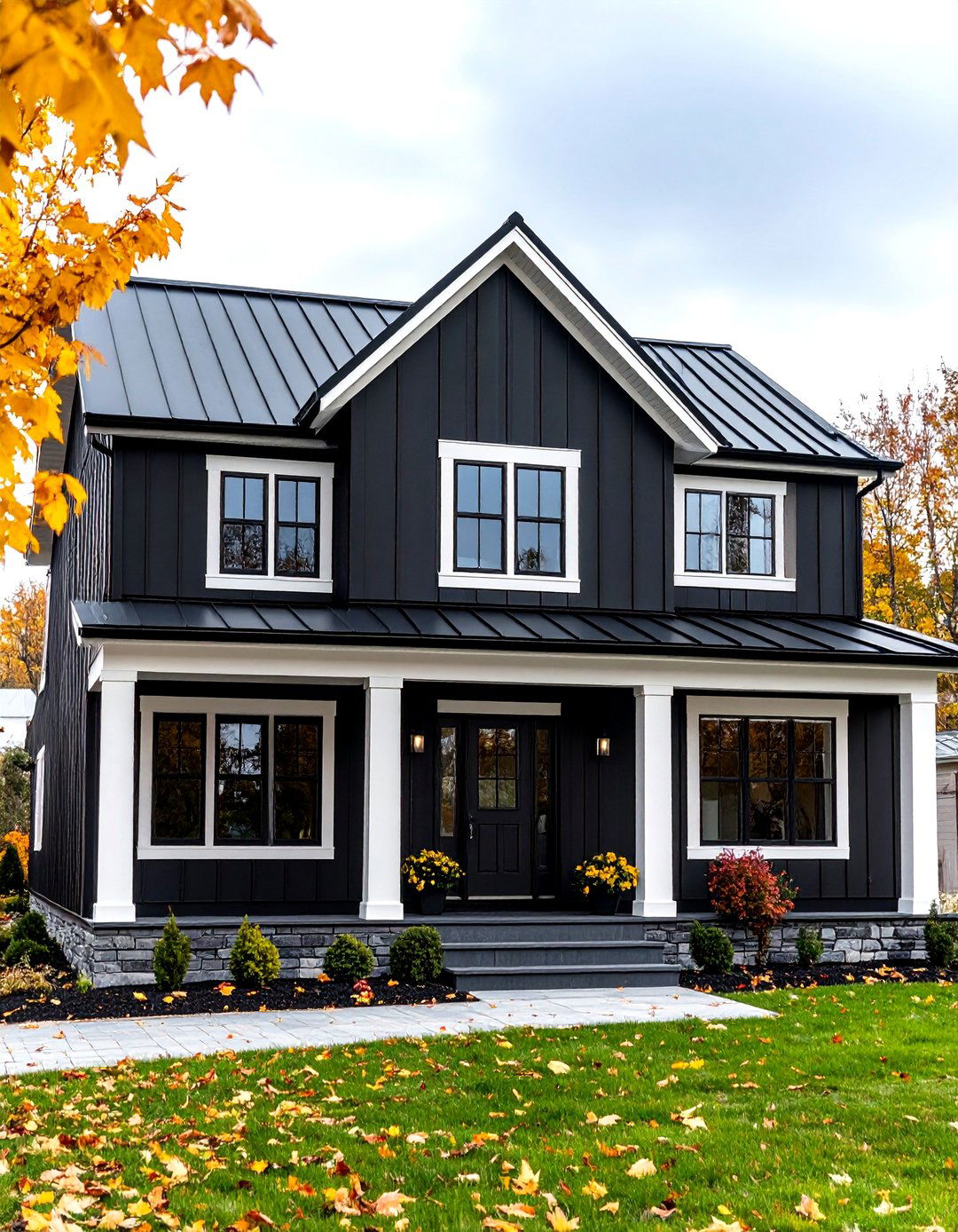 Black Modern Farmhouse Exterior with White Trim Details - 20 Modern Farmhouse Exterior