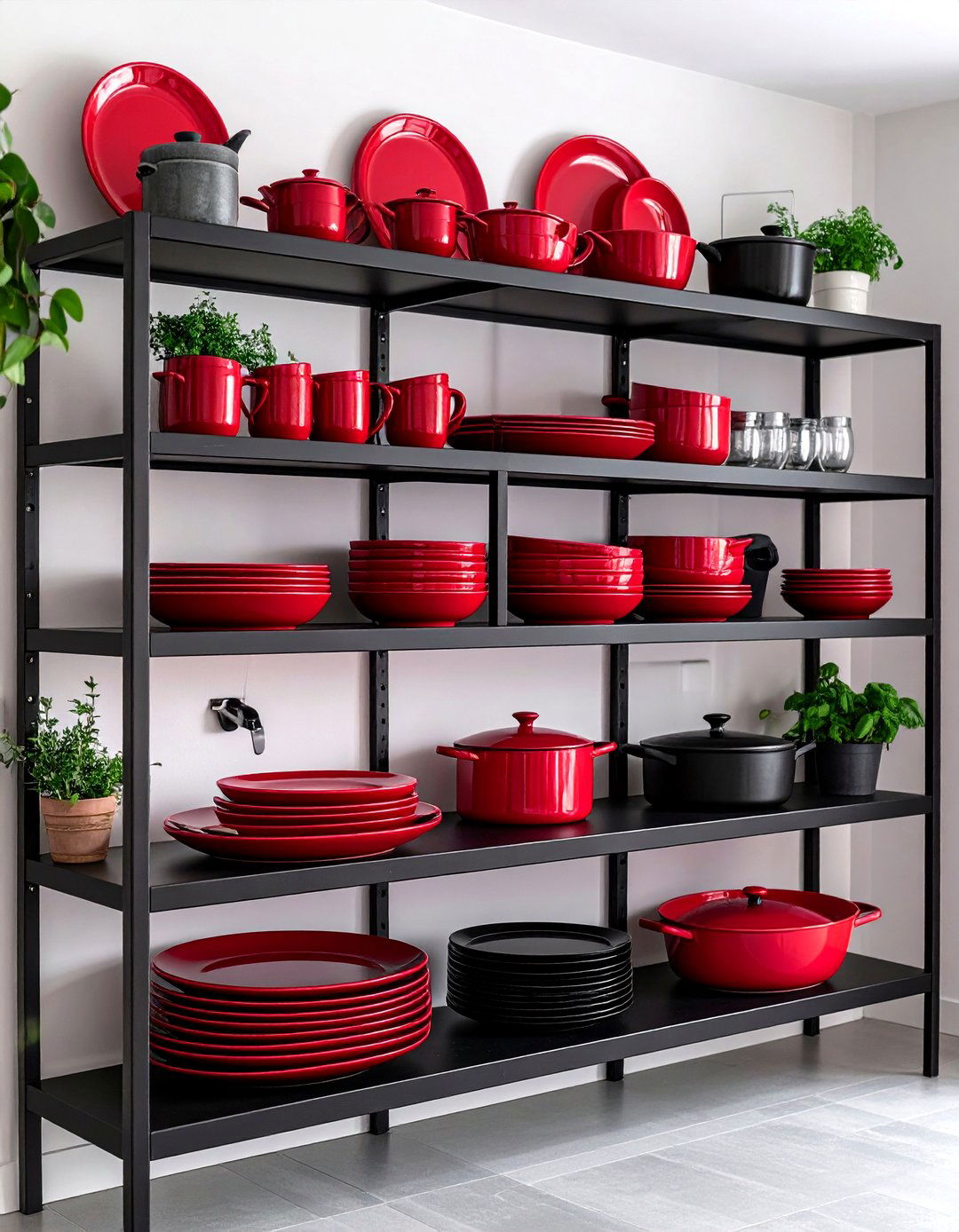 Black Open Shelves with Red Dishware Kitchen - 20 red and black kitchen ideas
