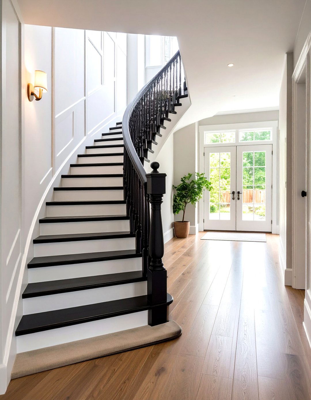 Black Painted Wooden Staircase with White Risers - 20 black staircase ideas