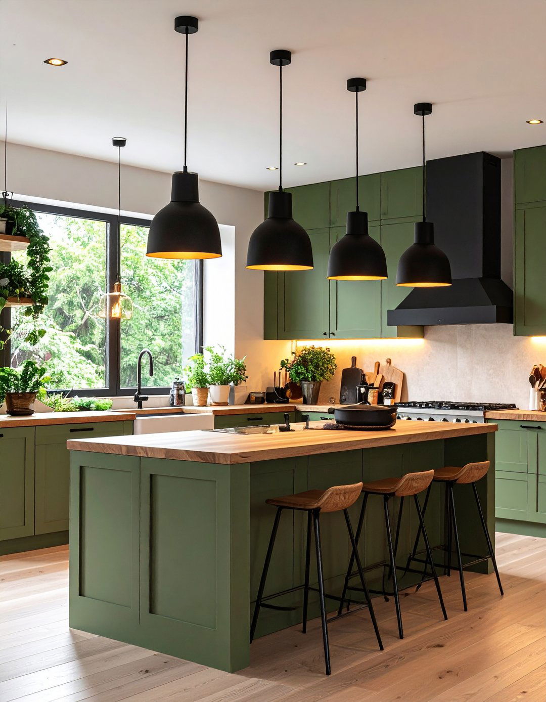 Black Pendant Lighting over Sage Counters - 20 Sage Green and Black Kitchen Ideas