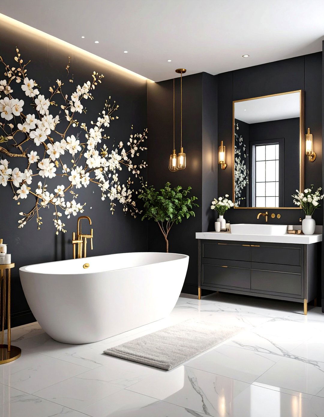 Black Powder Room with Dramatic Botanical Wallpaper - 20 black powder room ideas