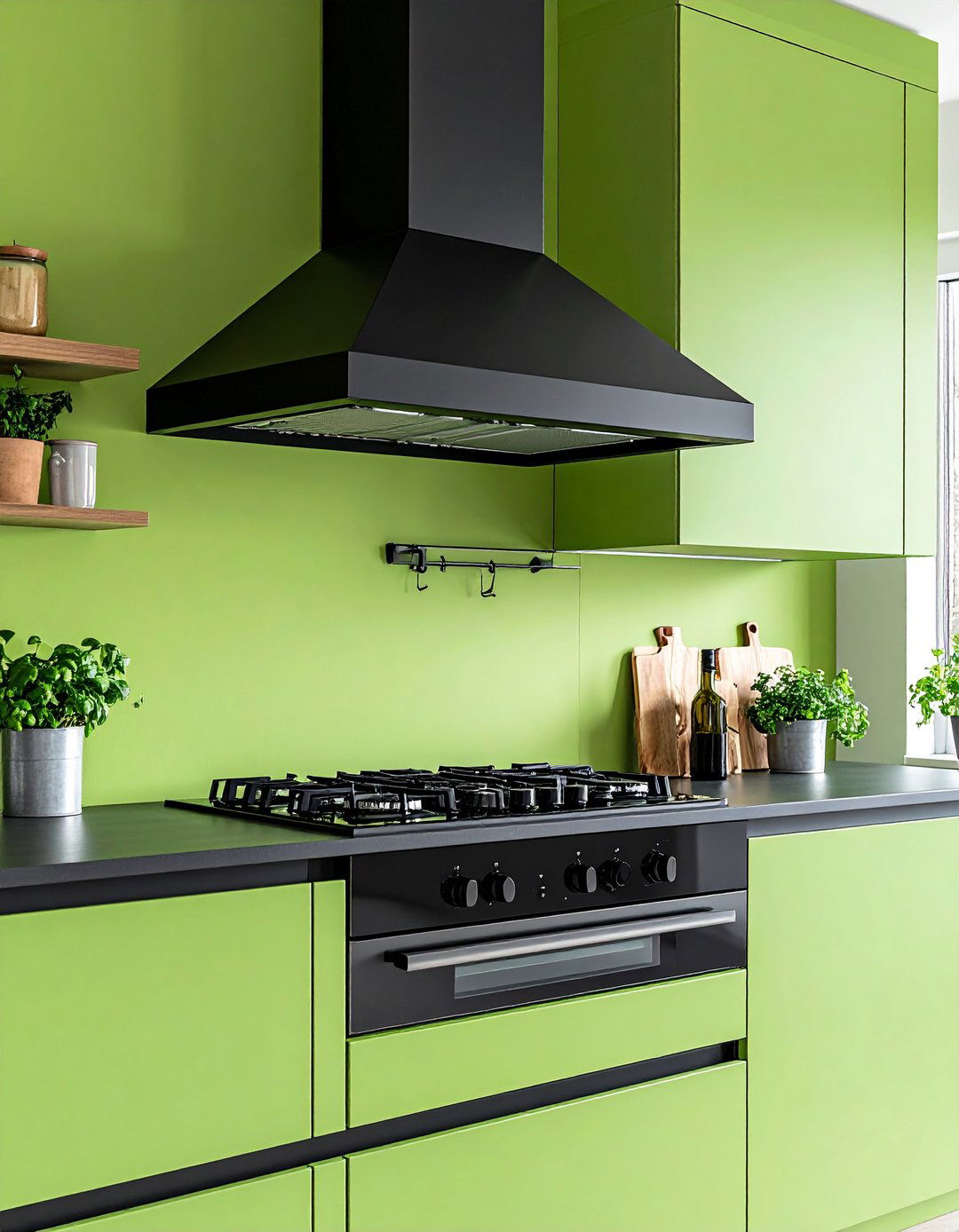 Black Range Hood above Sage Green Stove Surround - 20 Sage Green and Black Kitchen Ideas